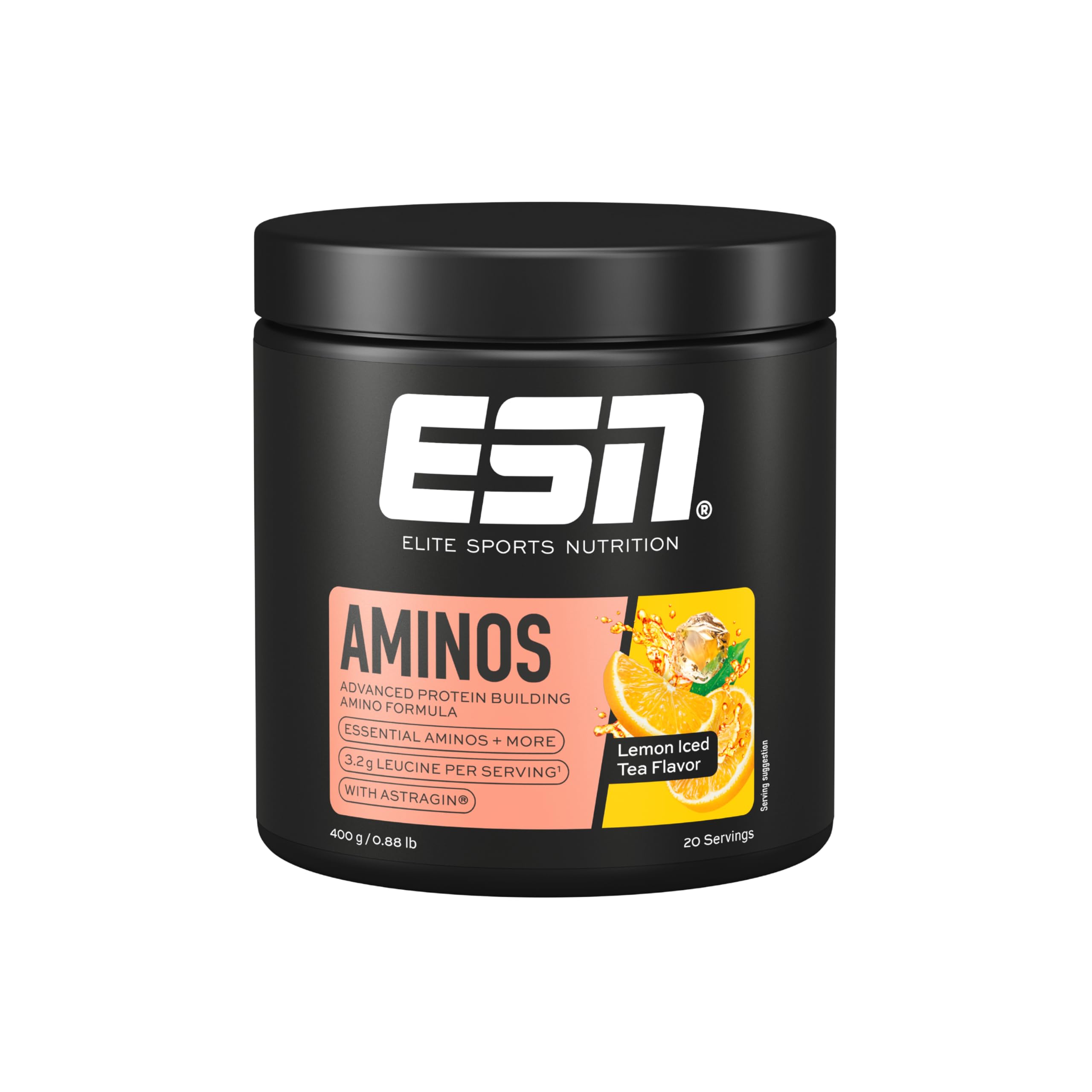 ESN AMINOS, Lemon Iced Tea, 400 g, feines Amino-Pulver mit essentiellen Aminosäuren & Astragin, 3,2 g Leucin pro Portion, ideale Löslichkeit, vegan - made in Germany