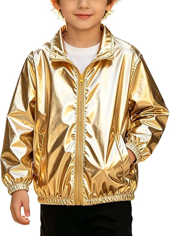 Kids Metallic Stand Collar Jacket Full Zip Lightweight Casual Street Style Fall Coat For Girls With Pockets