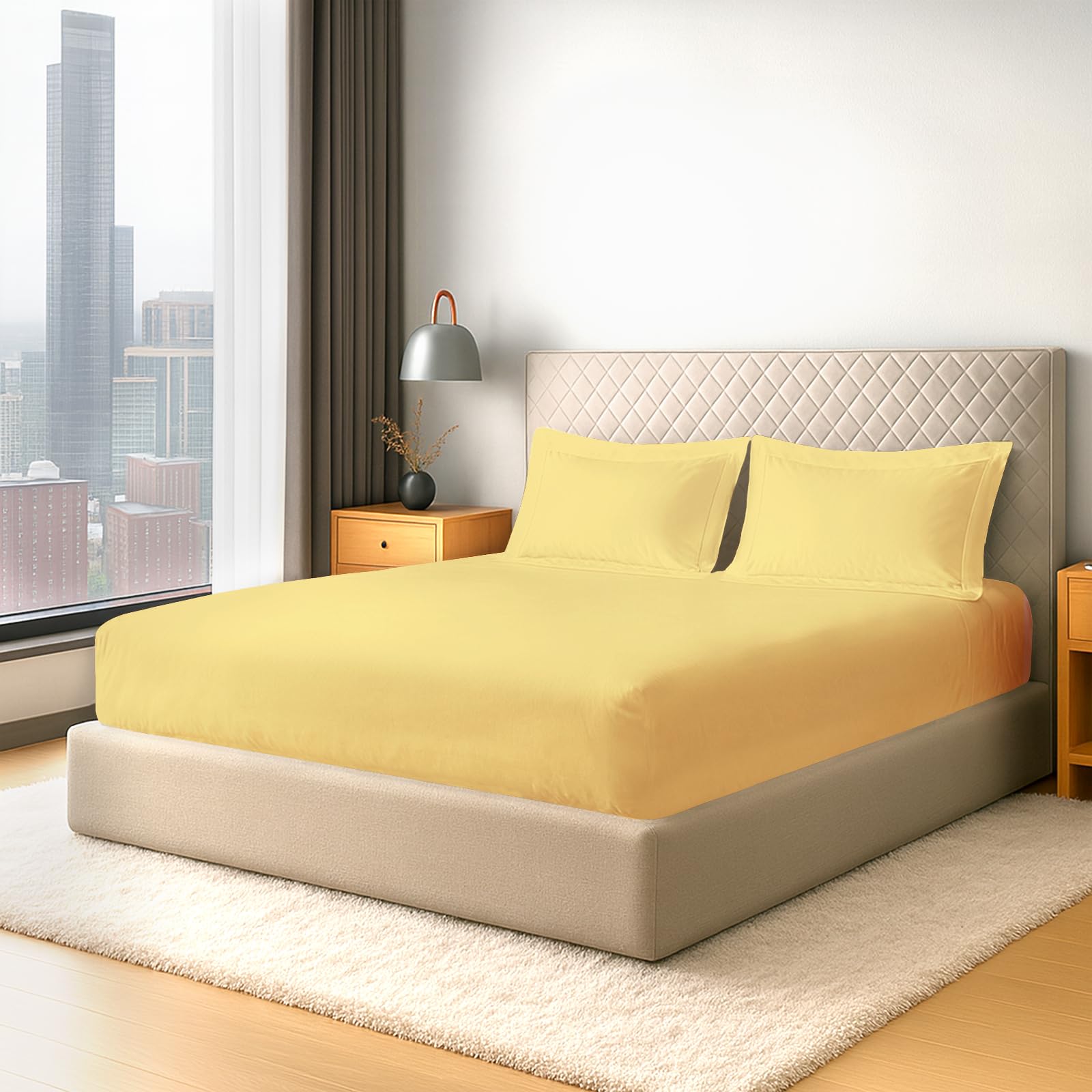 Pizuna Pure Cotton 600 Thread Count Fitted Sheet Emperor with 2 Pillowcases, Mellow Yellow 100% Long Staple Cotton, Soft Sateen Weave 40 cm Deep Fitted Emperor Size Sheet