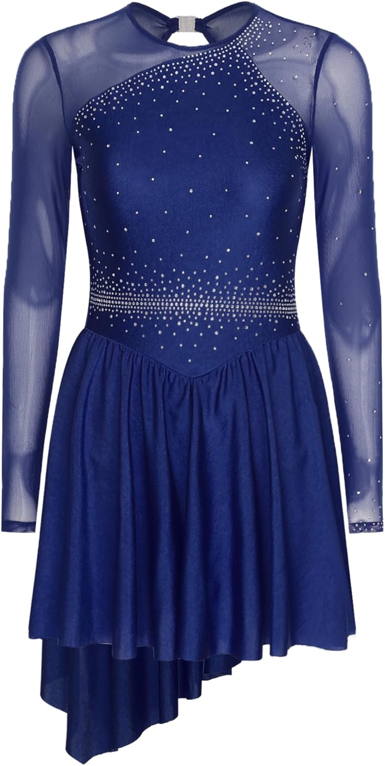 Hedmy Women's Figure Ice Skating Dress Long Sleeve Rhinestones Roller Skating Lyrical Dance Costume