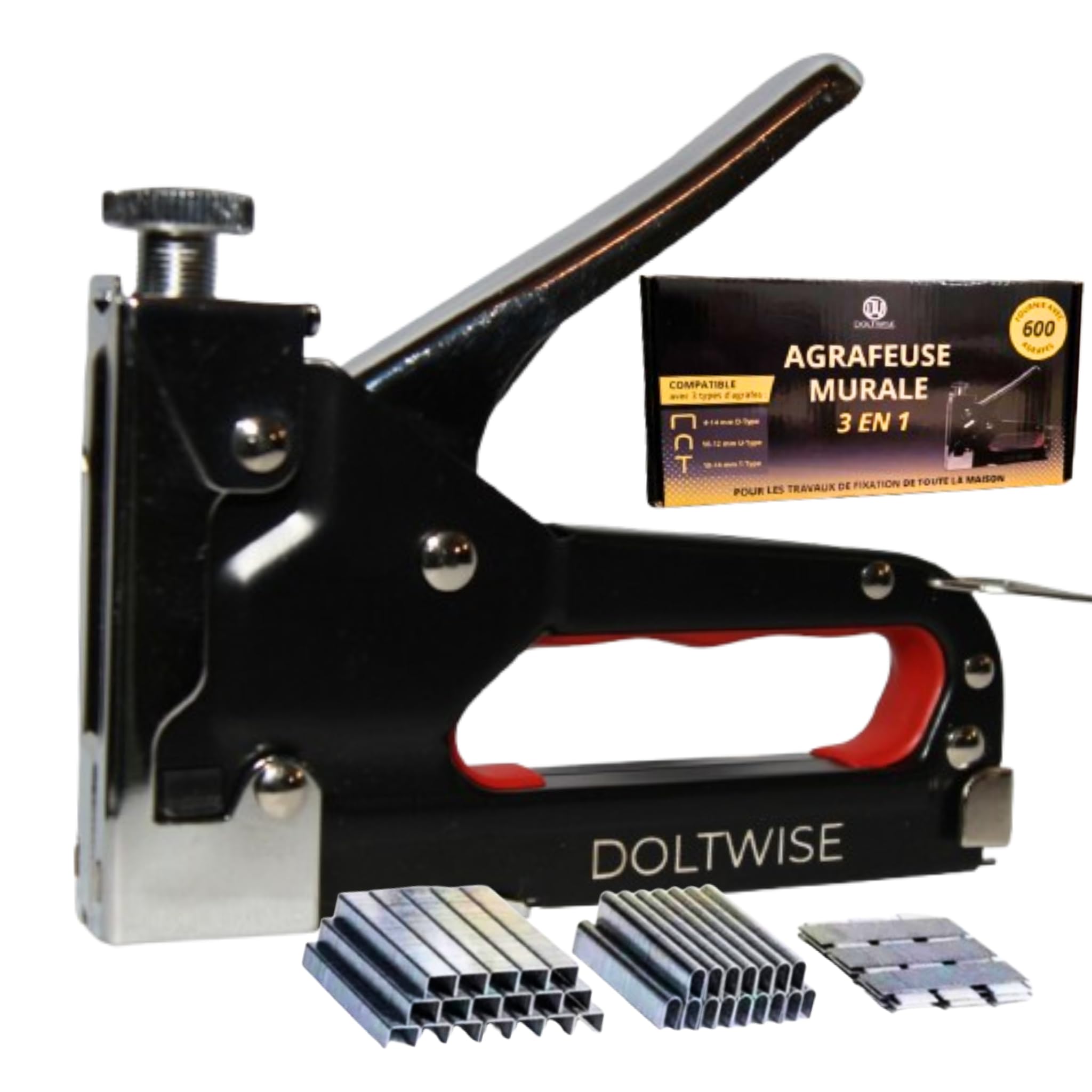 DOLTWISE - Grapadora de pared 3 en 1 con 600 grapas - Potente y resistente | Compatible D/U/T tipo | Grapadora tapicería madera, tela, pared - Bricolaje, renovación, decoración