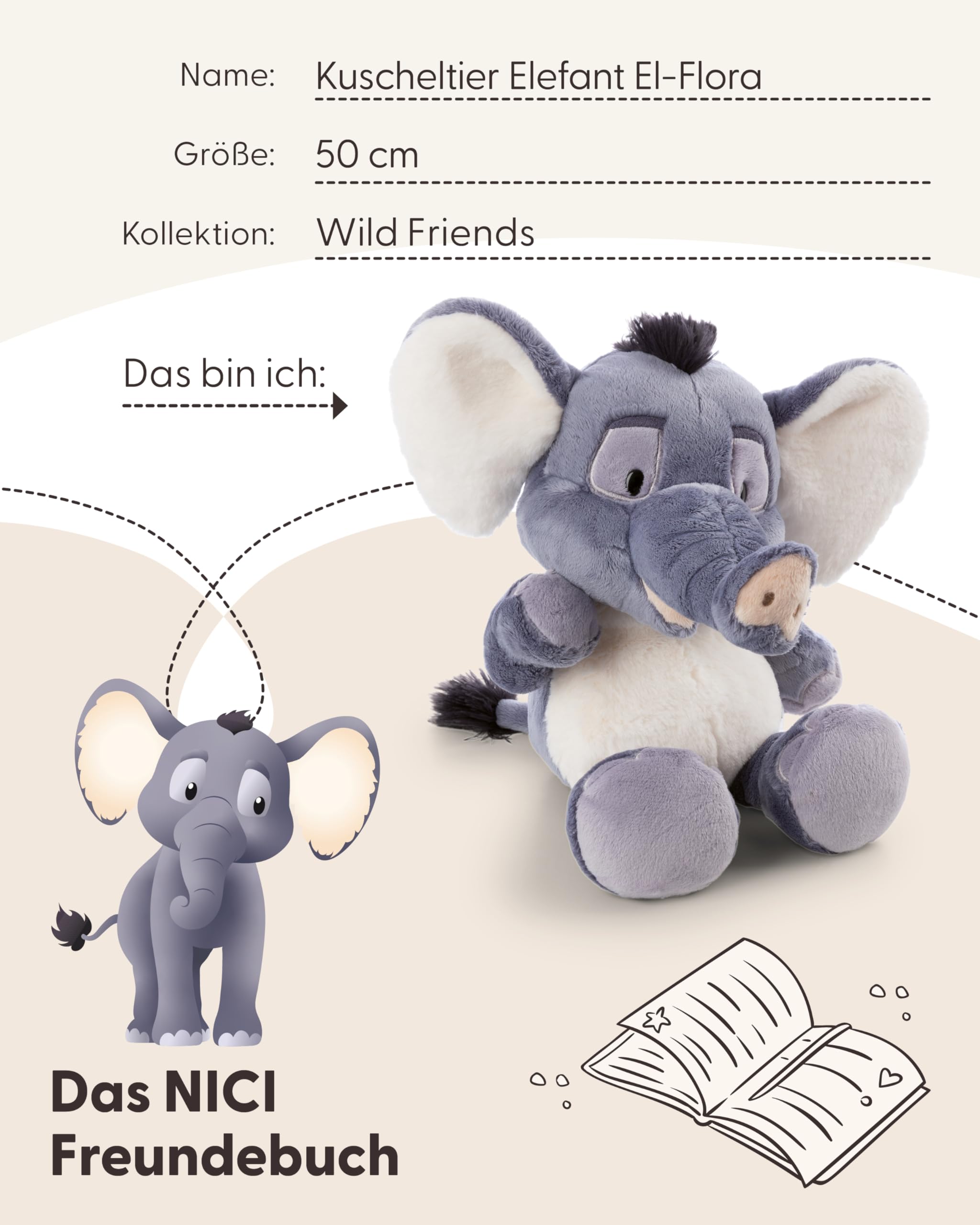 NICI Kuscheltier Elefant EL-Flora 50cm - grau - 62747 | Stofftier aus weichem Plüsch, niedliches Plüschtier zum Kuscheln und Spielen, für Kinder & Erwachsene, tolle Geschenkidee