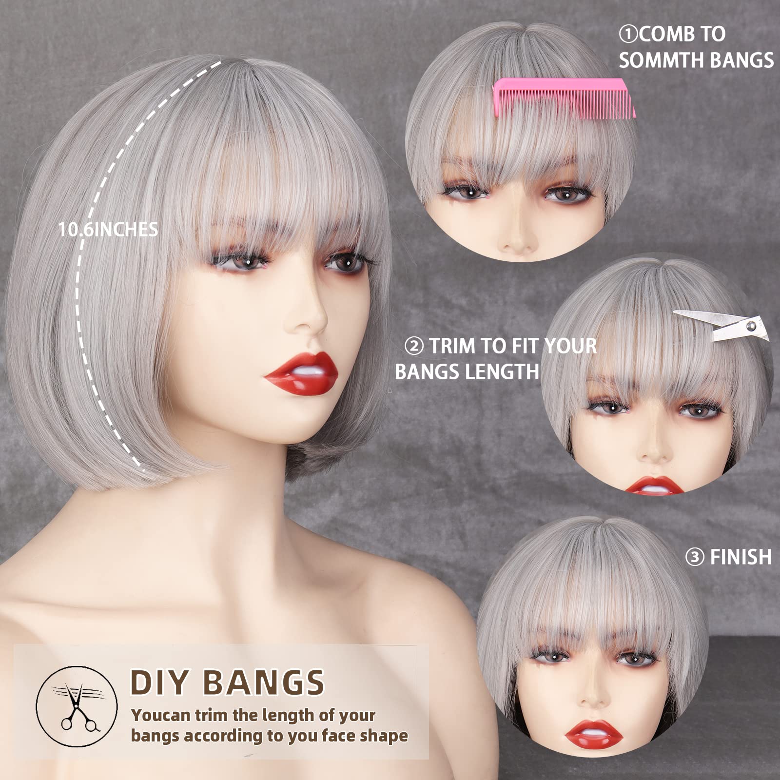 NEW Bob Short Silver Gray W/ Bangs Wig Amazon.com : MERISIHAIR Short Silver Gray Bob Wigs with  main image 3