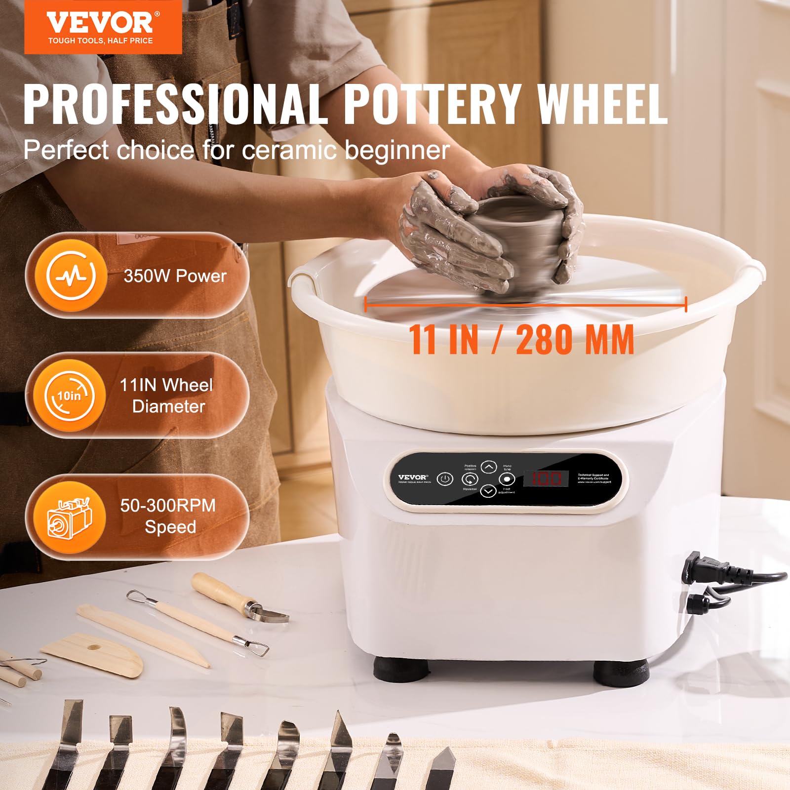 VEVOR 11inch Pottery Wheel Direct Drive, 350W Ceramic Forming Machine with LCD Touch Screen Foot Pedal 50-300RPM Adjustable Speed, 18PCS Accessory Tools Kit, Craft Gift for Adults Beginners, White