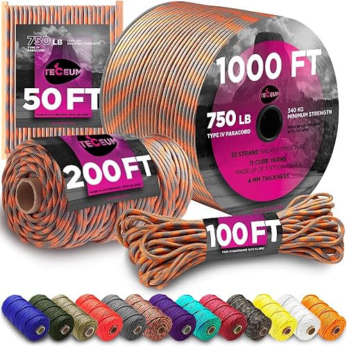 Miniatura 25 de TECEUM Cuerda de paracaídas de 750 libras – 1000 pies / 200 pies / 120 pies / 100 pies / 50 pies – Cuerda de paracaídas para campamento, Albaricoque