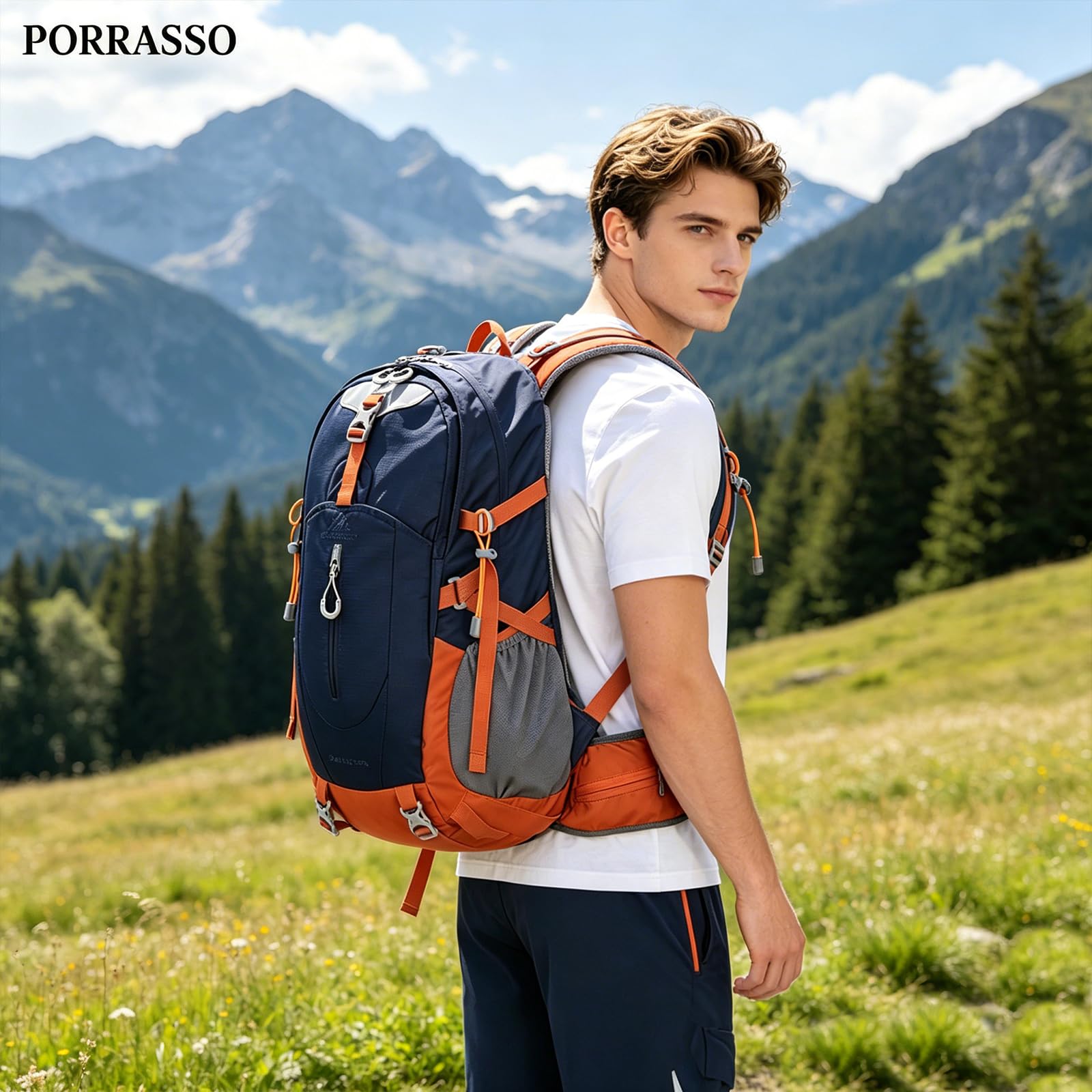 Zaino da Escursionismo 40L con Copertura Antipioggia Zaino Outdoor Ergonomico Traspirante Riflettente Backpack per Campeggio Viaggi Blu Marino