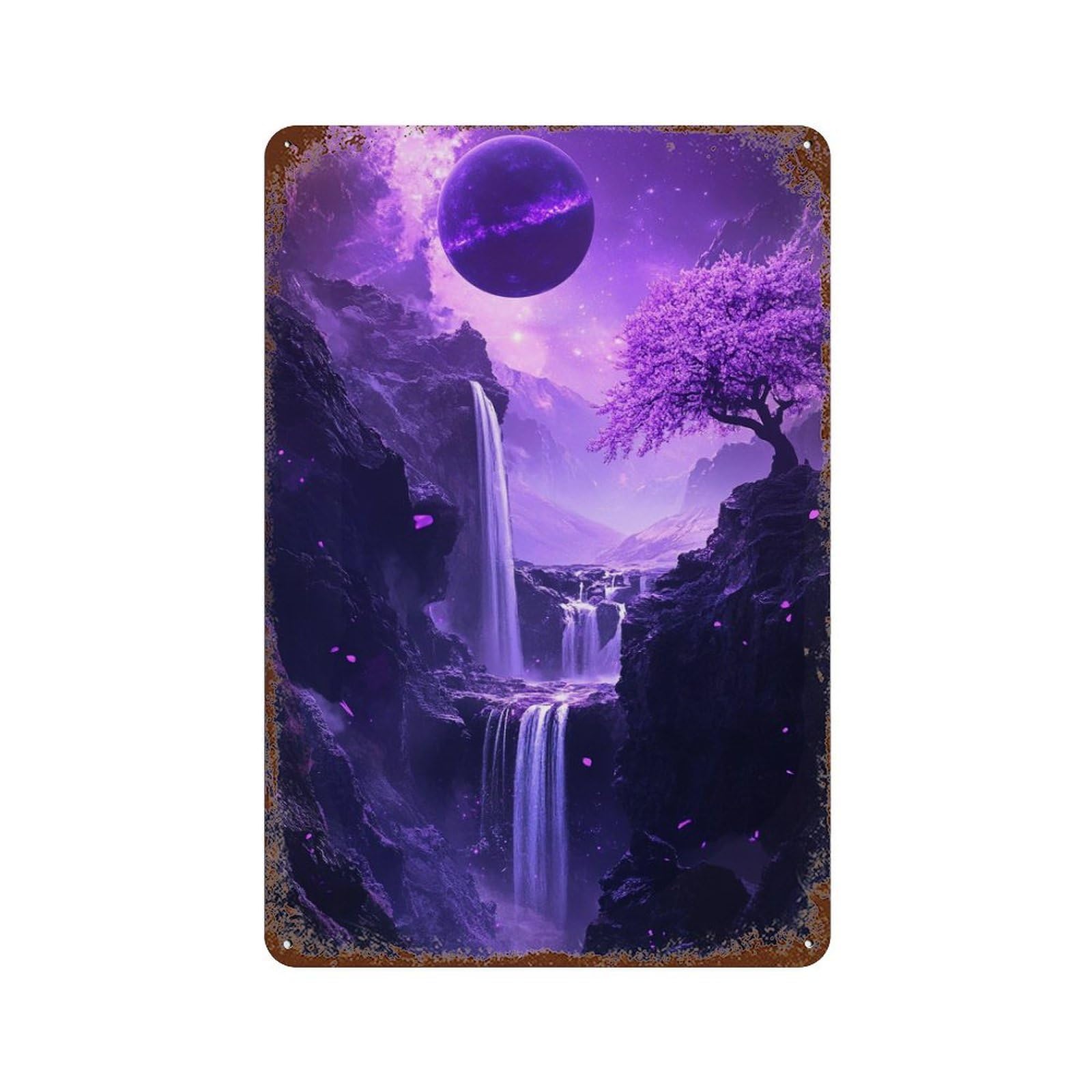 Fantasy Purple Waterfall Scene Rusty Metal Tin Sign 11.8"x7.9", for Shed, Workshop And Garage Wall Decor, Novelty Wall Decor
