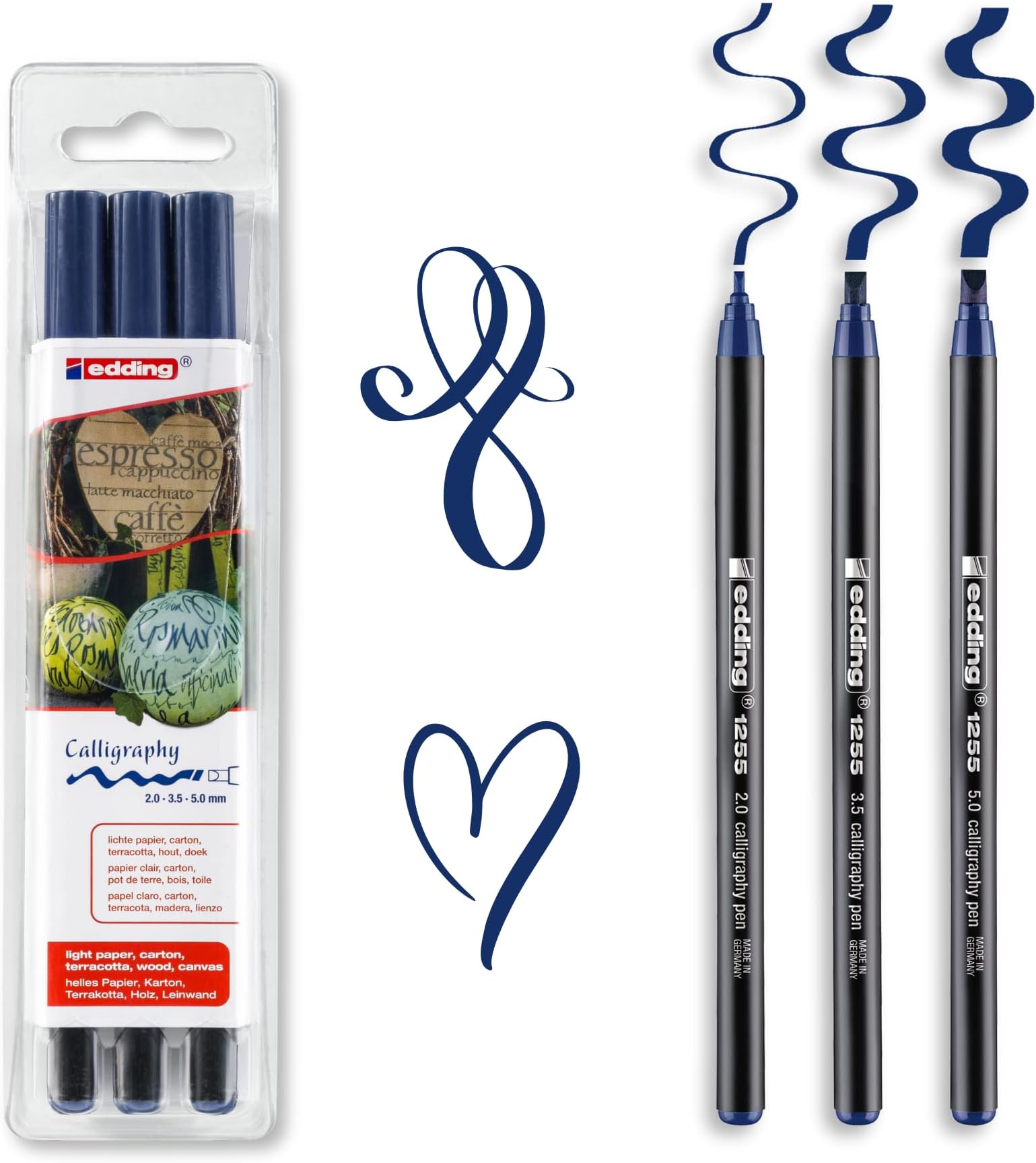 edding 1255 calligraphy pen - steelblue - 3 pens - calligraphy nib 2 - 5 mm - fibre pens for paper, wood, terracotta, canvas - hand lettering, bullet journals, thank you cards, calligraphy books