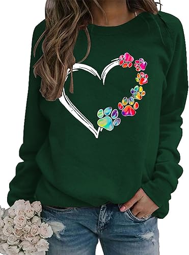 Sudaderas para mujer con estampado de patas, de perro, con bloques de color, manga larga, cuello redondo, casual, linda sudadera