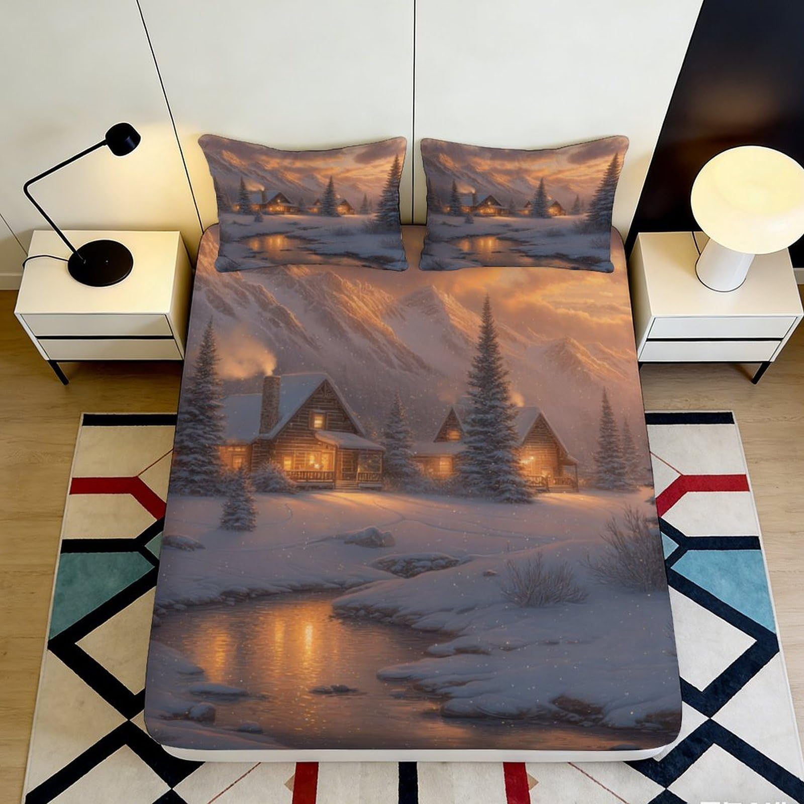 3D Printed Winter Cabin Fitted Sheet Microfiber Deep Pocket Non-Slip Snow Scenery Mattress Fitted Cover, Soft for Bedroom Bedding 200x200x25cm 90x200x25cm