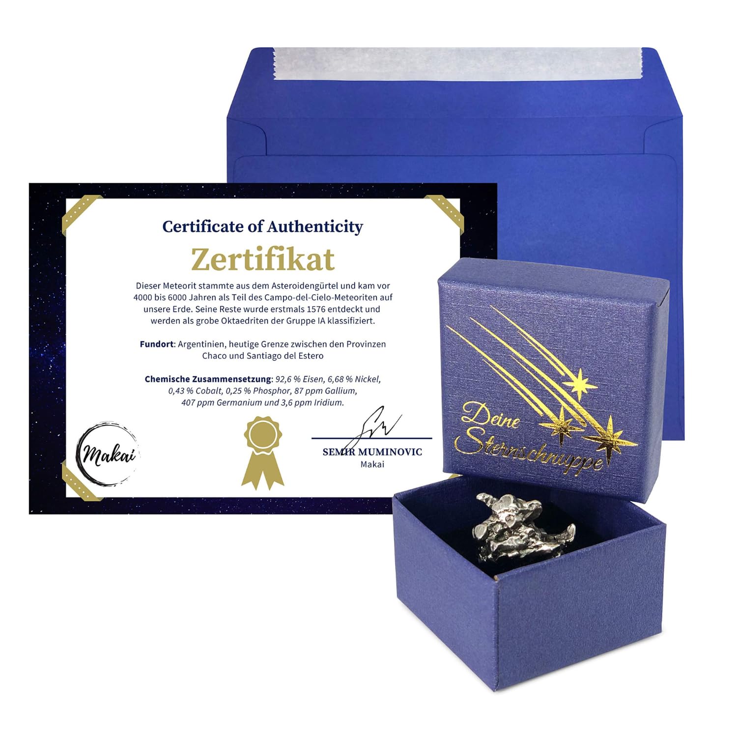 Makai echter Meteorit Sternschnuppe mit Echtheits-Zertifikat und individueller Widmung zum selber beschriften & Geschenkbox (Aufbewahrungsbox mit Zertifikat)