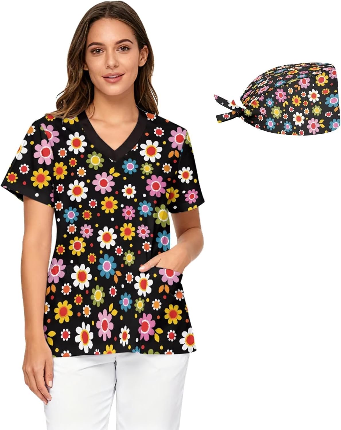 Womens Medical Scrub Tops with Scrub Cap - Soft Stretch,Quick Dry V-Neck Scrub Tops with 2 Pockets S-5XL