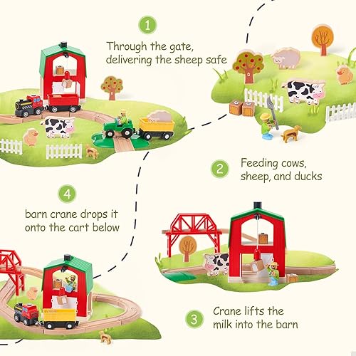Miniatura 5 de Giant bean Juego de tren de granja de madera de 42 piezas para niños pequeños, funciona con pilas, vía de tren con puente, granero, animales, carga