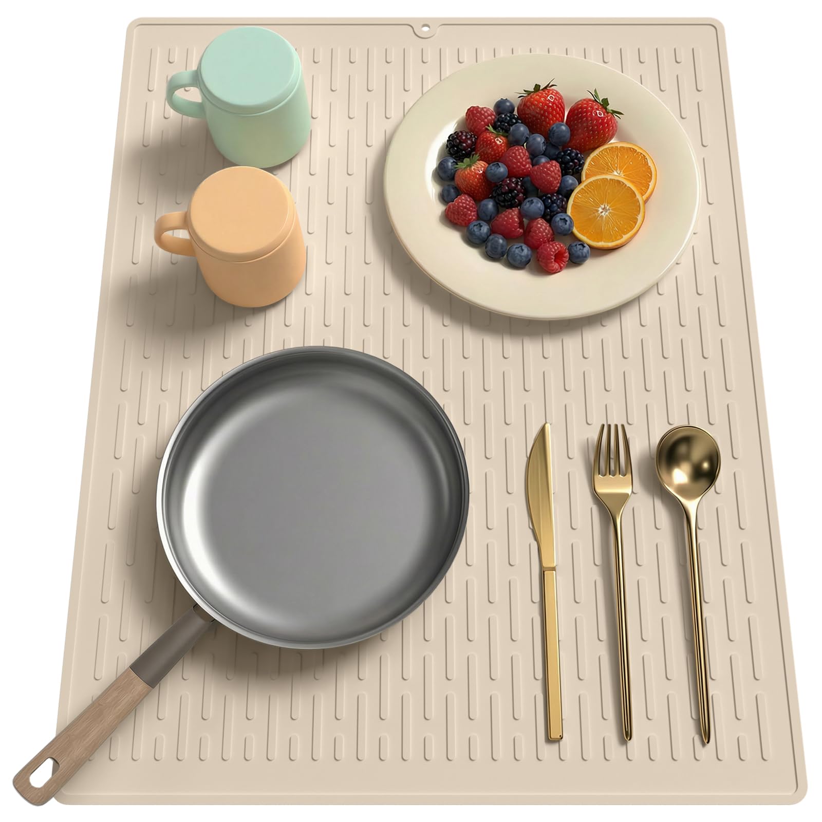 40 x 50 cm Dish Drying Mat with Built-In Grooves，Non-Slip Silicone Kitchen Draining Board Mat，Heat Resistant and Easy Clean Multi-Usage Dish Drying Pad for Kitchen Counter/Sink/Fridge Drawer(Beige)