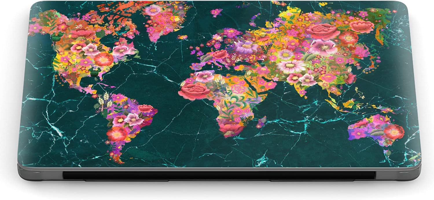 Mertak Hard Case Compatible with MacBook Pro 16 14 Air 15 13 inch M3 M2 M1 Mac 2024 2023 2022 2018 Cover Marble Clear Wildflowers Texture Floral World Map Laptop Print Plastic Protective Touch Bar