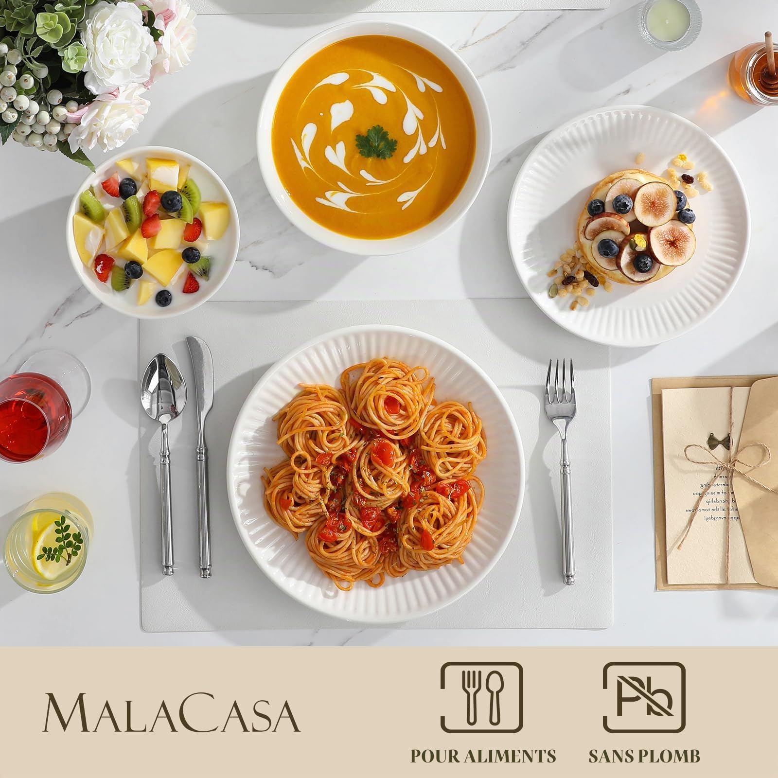 MALACASA Service de Table 6 Personnes, 24 Pièces Services de Vaisselle en Porcelaine, Set de Vaisselle avec 6 Assiettes à Plates, Assiettes à Dessert, Bol à Soupe, Bols à Céréales, Blanc