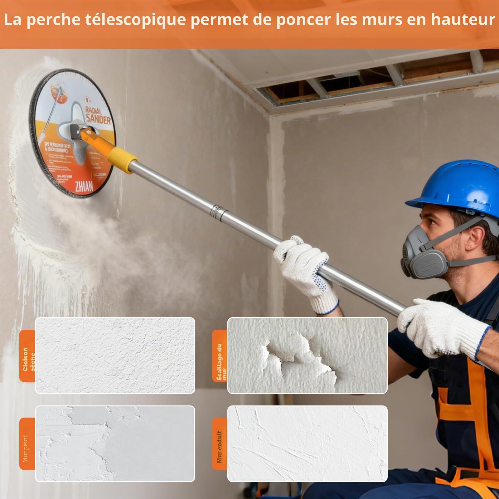 Ponceuse à Plâtre avec Perche, Tête Radiale Rotative 360° et Manche Telescopique, pour Murs et Plafonds, Inclut 10 Feuilles de Abrasif (80/100/120/180/240)