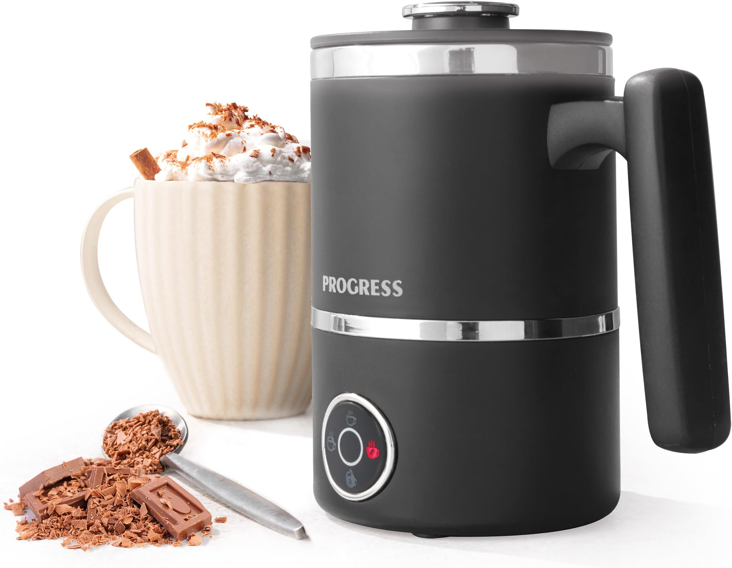 Progress EK5133P Automatic Milk Frother – Chocoluxe 4-in-1 Hot Chocolate Maker, 300ml/150ml, Hot & Cold Milk Heater & Foamer, Melt Chocolate Flakes, Built-in Frothing Whisk for Cafe Latte, Cappuccino