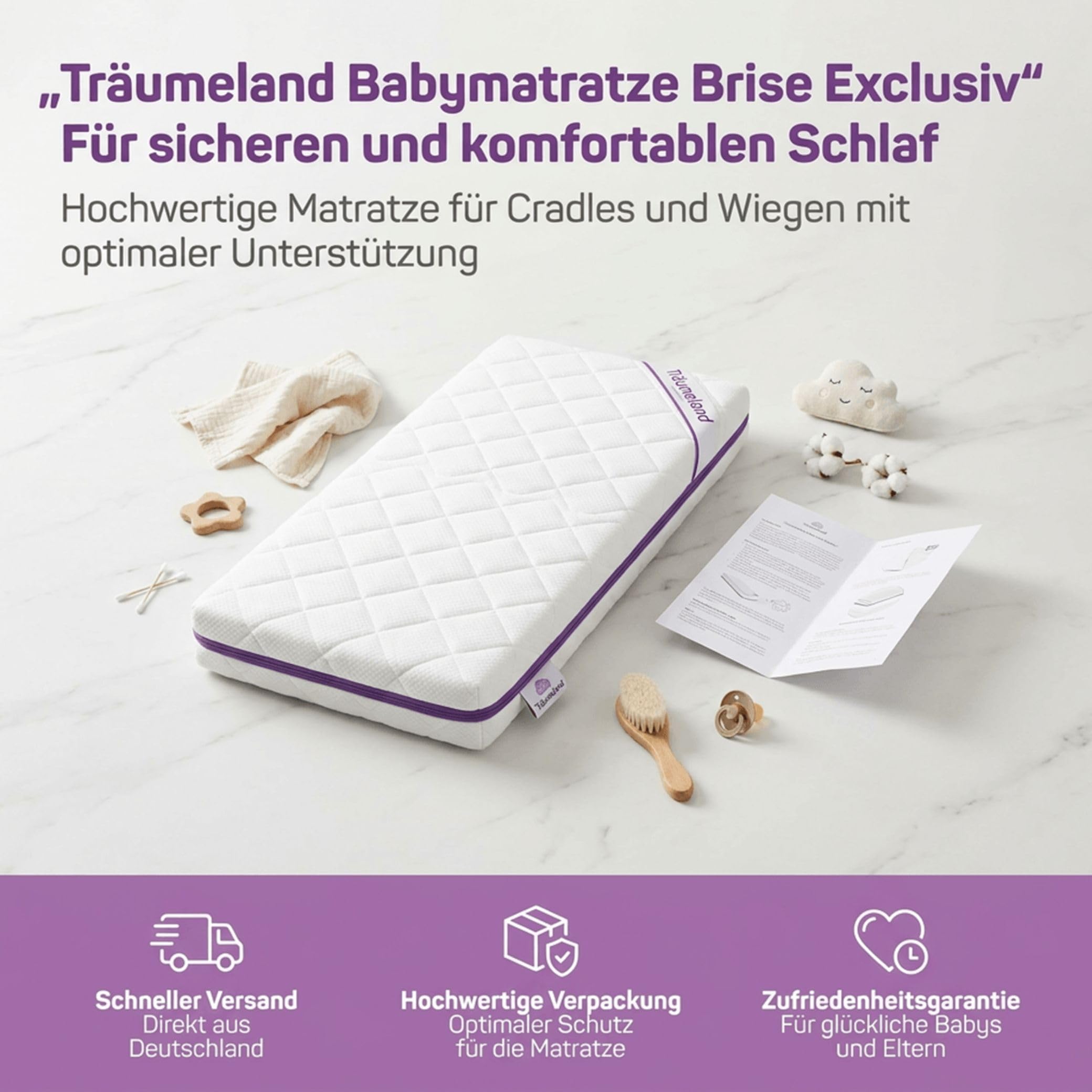 Träumeland Babymatratze Brise Exklusiv | Kindermatratze aus punktelastischer Kaltschaumkern für Stubenkorb, Wiege, Beistellbett | Kinderbettmatratze mit vertikalen Belüftungskanälen