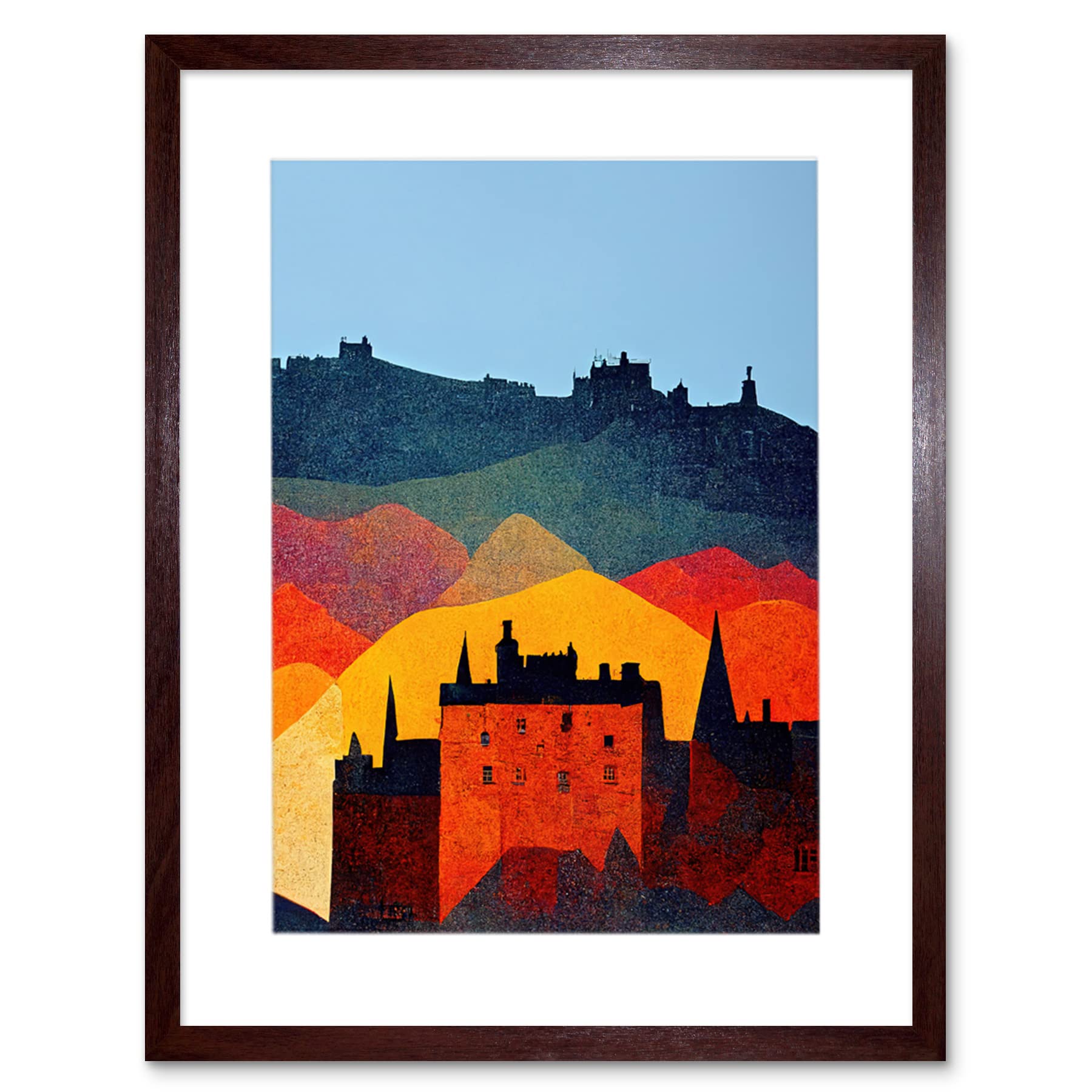 Wee Blue Coo Edinburgh In Autumn Scotland Scottish Modern Folk Art Multi Coloured Cityscape Artwork Framed Wall Art Print 12X16 Inch