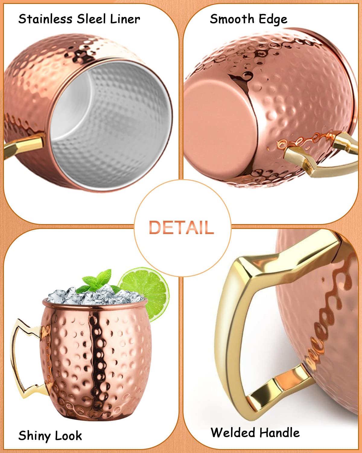 LIVEHITOP Moscow Mule Tasses 4 Pièces, 19.5 Oz Tasse Cuivre avec 4 sous-Catasters, 4 Pailles, Pinceau Jigger et Paille, Tasse Cadeau Set pour la Maison, Bar, Fête (4)