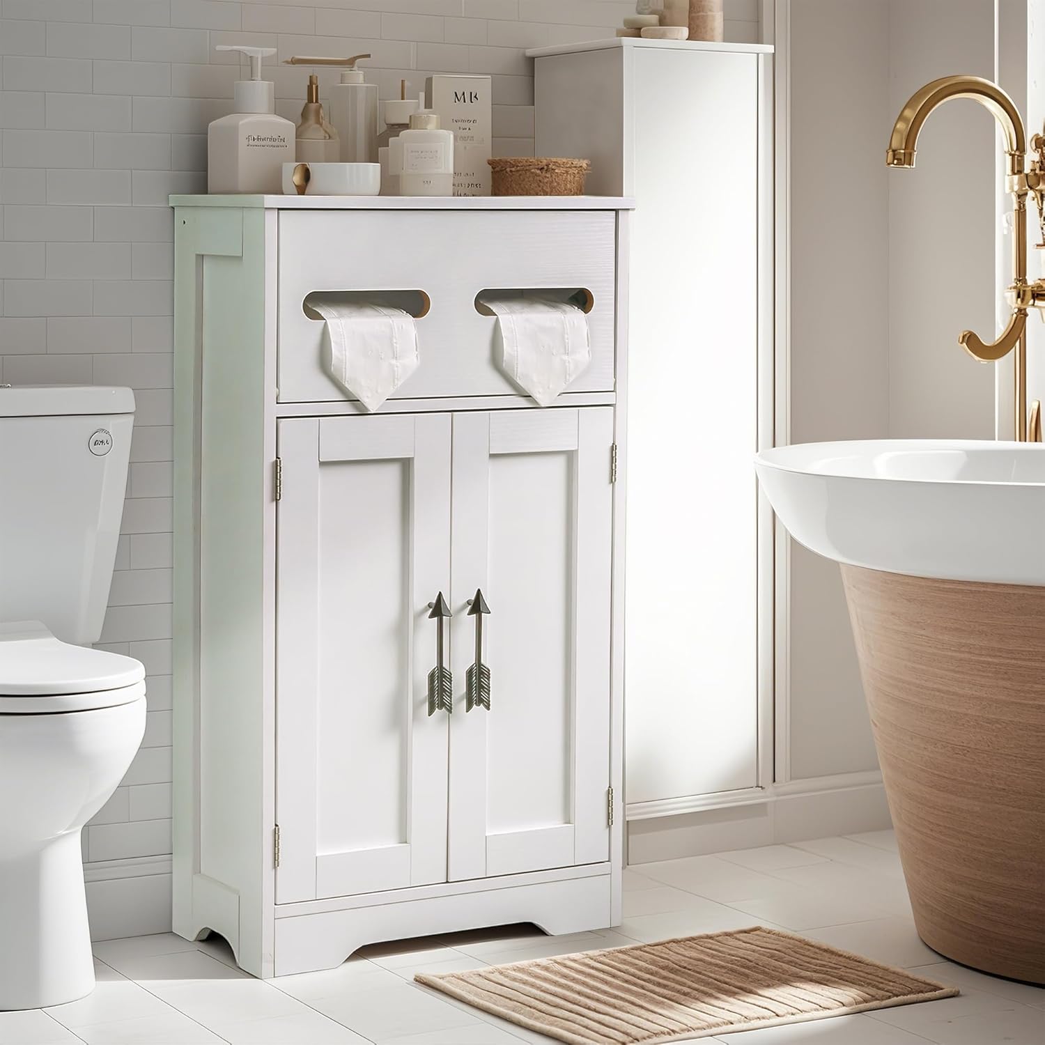 VECELO Mega Toilet Paper Holder Bathroom Organizer of Rolls, Waterproof, Large Capacity Reserve Area, Removeable Rod, D 9.45 × W 18.9 × H 31.5 Inch, White