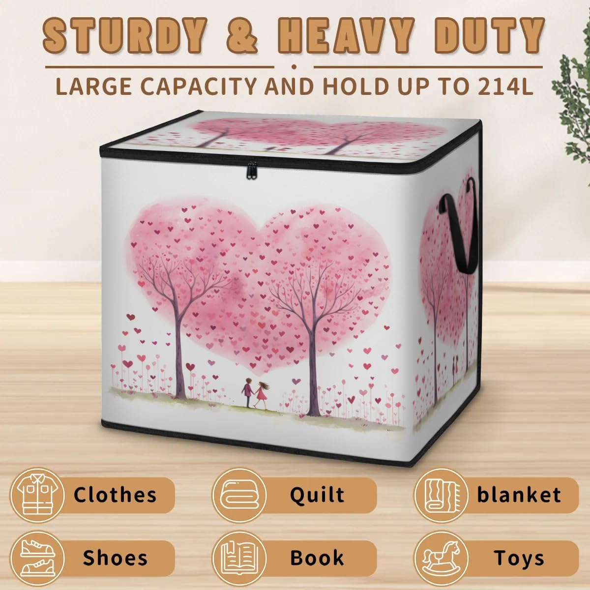 Honeybaby 214L Extra Large Comforter Storage Bag Valentines Day Happy Storage Totes with Lids Waterproof Closet Organizer Folding Blanket Storage Bags for Clothes Bedding Pillows