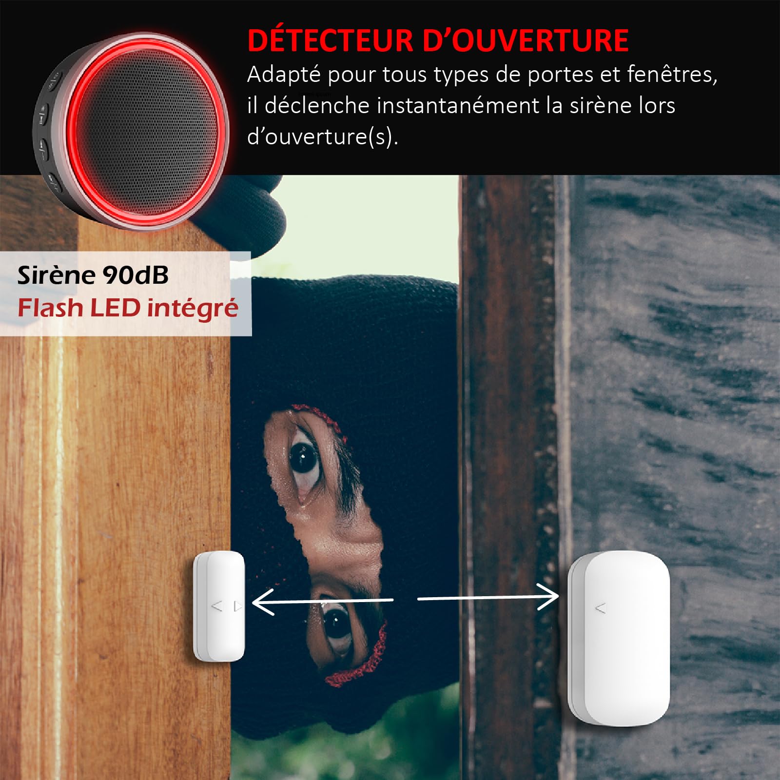 Kit Alarme Connecté WiFi 2,4GHz, Sirène 90dB, Détecteur Mouvement et Ouverture, Flash LED, 868MHz