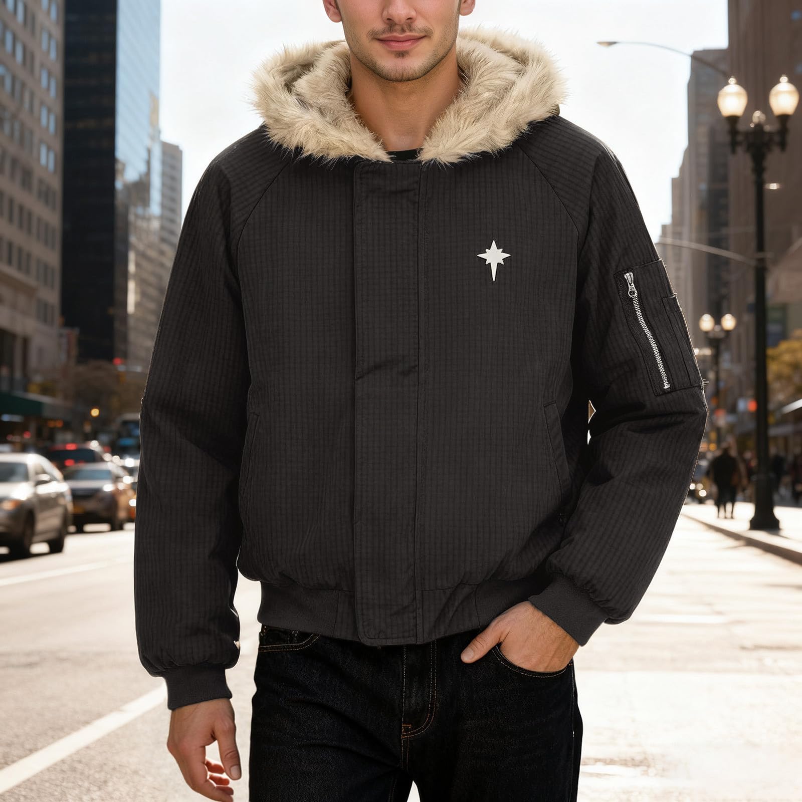 Manteau Homme Hiver - d' à Capuche avec Bordure Amovible en Fausse Fourrure Robuste Veste d'extérieur pour Temps Froid Coupe-Vent imperméable Isolante Thermique et Chaude.