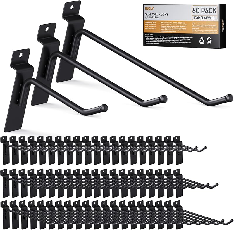 INCLY 60 Pack Slatwall Hooks, 4/6/8 Inch Slat Wall Hanging Hook and Hanger | Heavy Duty Black Slatwall Panel Accessories Assortment, Display Hooks for Garages, Sheds, Basements, Retail Stores