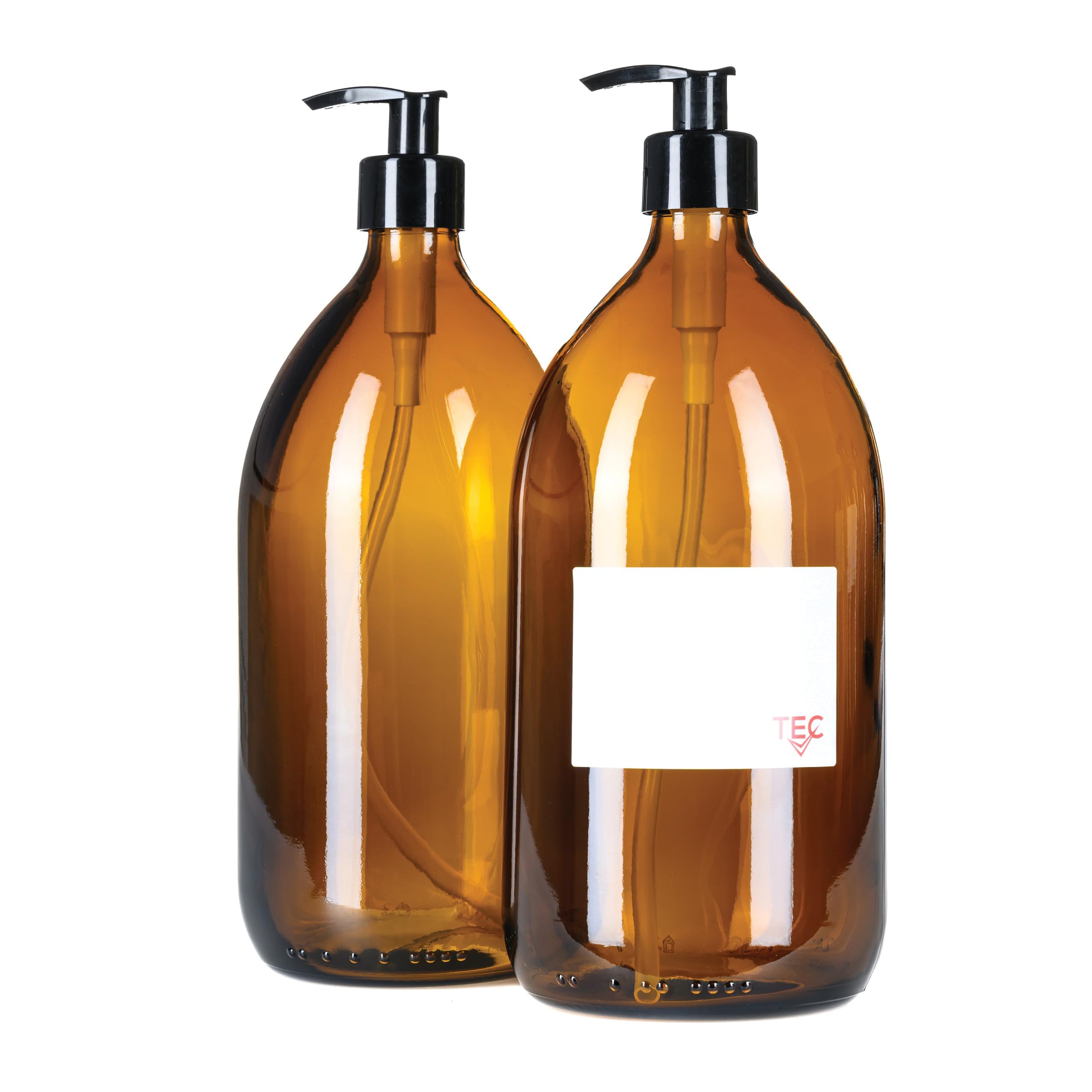 TEC 1 Litre Bottles Amber Glass 65% Recycled with Pumps UK Made Large Soap Dispenser for Handwash Recyclable Refillable Labels Wrapped in Brown Sustainable Paper (2)