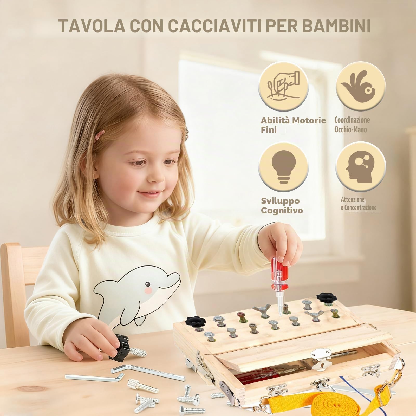 Giochi Montessori 3 Anni, Attrezzi in Legno Bambini, Cacciavite Giocattoli, Giocattoli di Abilità Motorie, Attrezzi in Legno Bambini Montessori Giochi, per Regalo Bambina Bimbo (Montessori B)