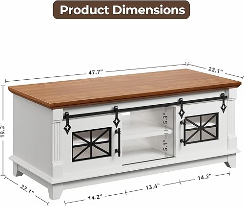 Miniatura 2 de IRONCK Mesa auxiliar de 48 pulgadas con puertas corredizas de granero, mesa central rústica con 6 grandes espacios de almacenamiento, puertas de