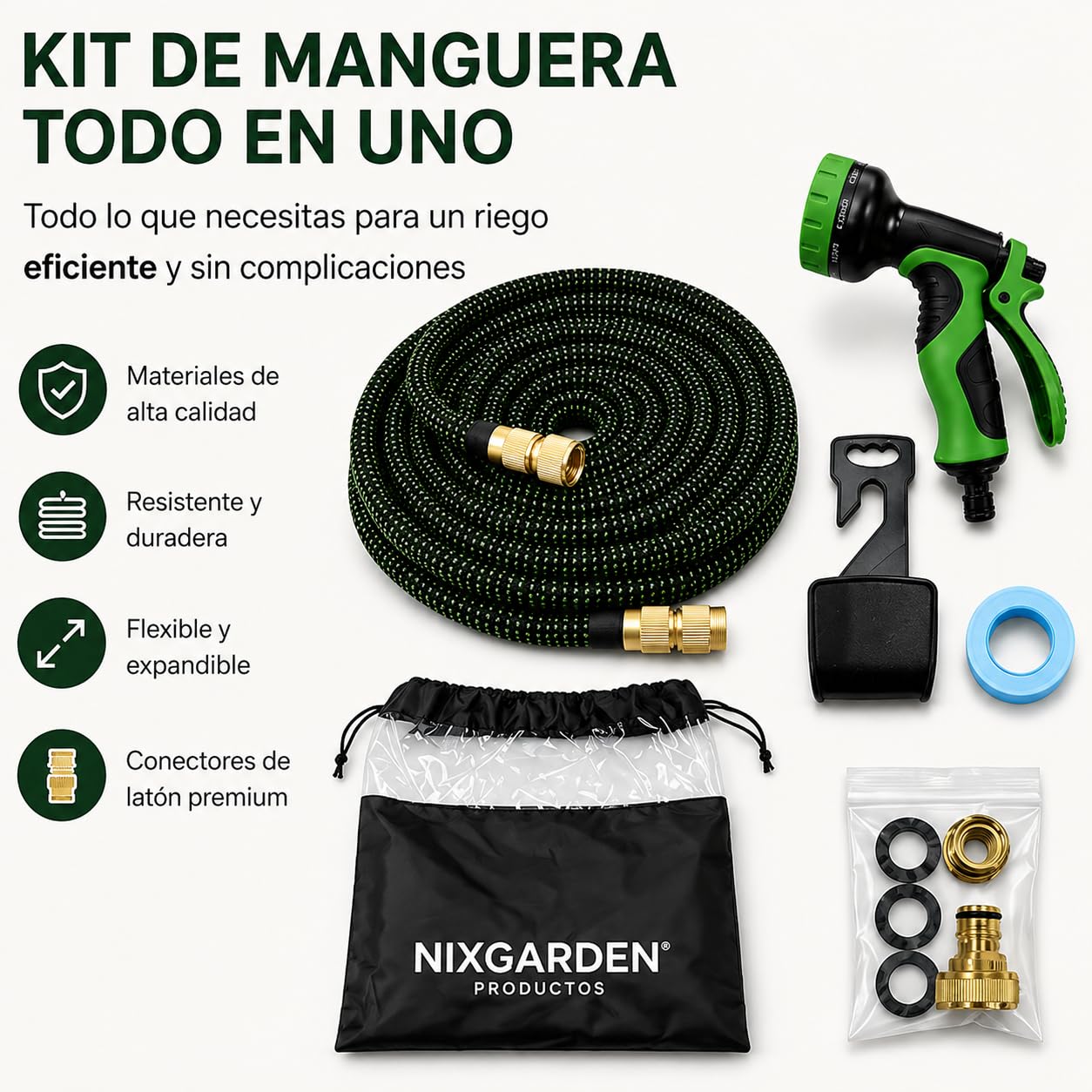 Manguera Extensible con Pistola Multifunción, Conectores de Latón y Bolsa de Almacenaje, Manguera Flexible Antitorsión para Jardín y Limpieza