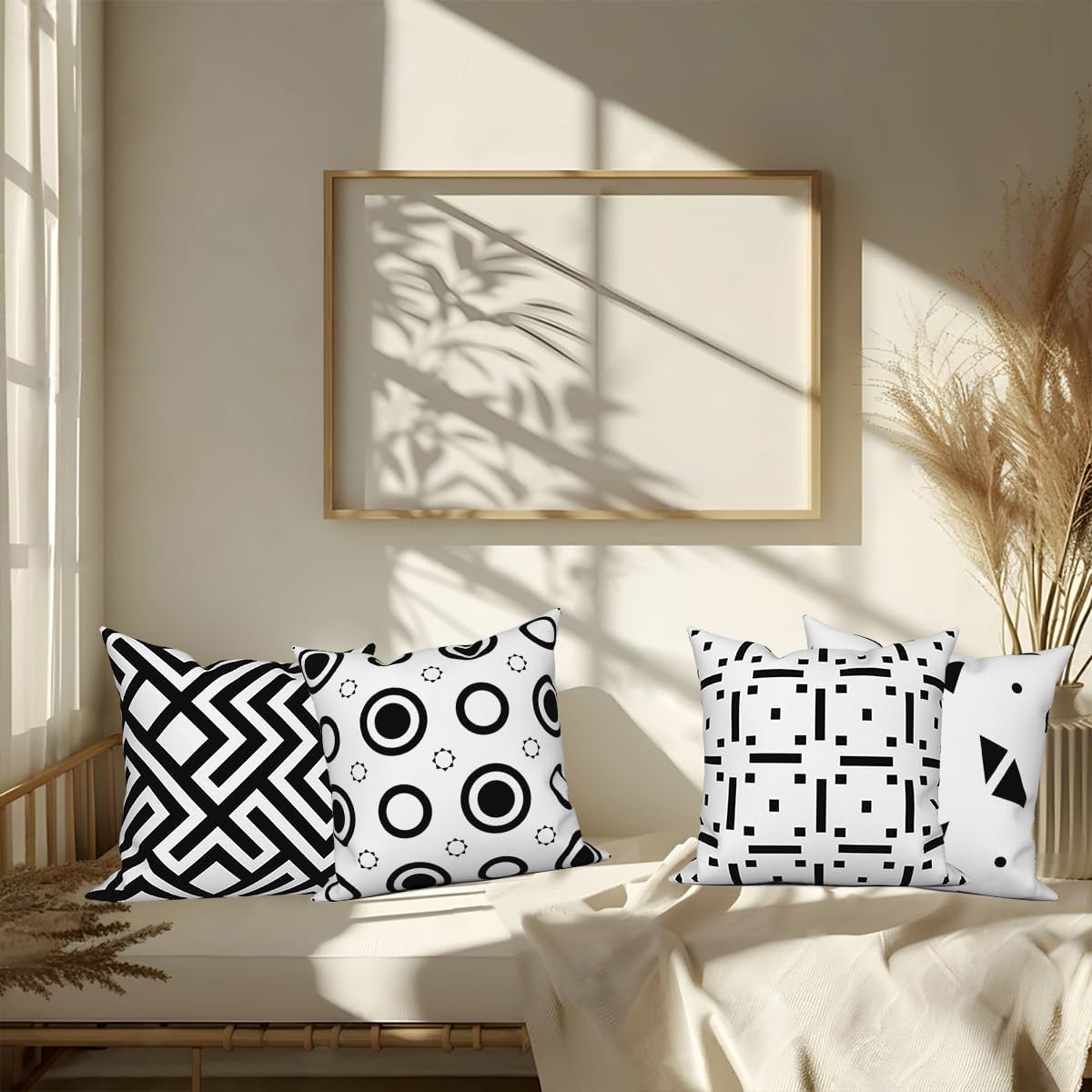 Black White Geometric Throw Pillow Cover 18"x18" Set of 4, Modern Minimalist Abstract Irregular Pattern Cushion Cover for Sofa Chair Couch Bed Office Patio Farmhouse Indoor Outdoor