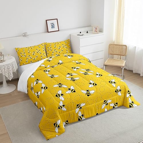 Miniatura 4 de Feelyou Lindo juego de edredón de abejas, tamaño individual, juego de ropa de cama de abejas y flores de dibujos animados, edredón decorativo de