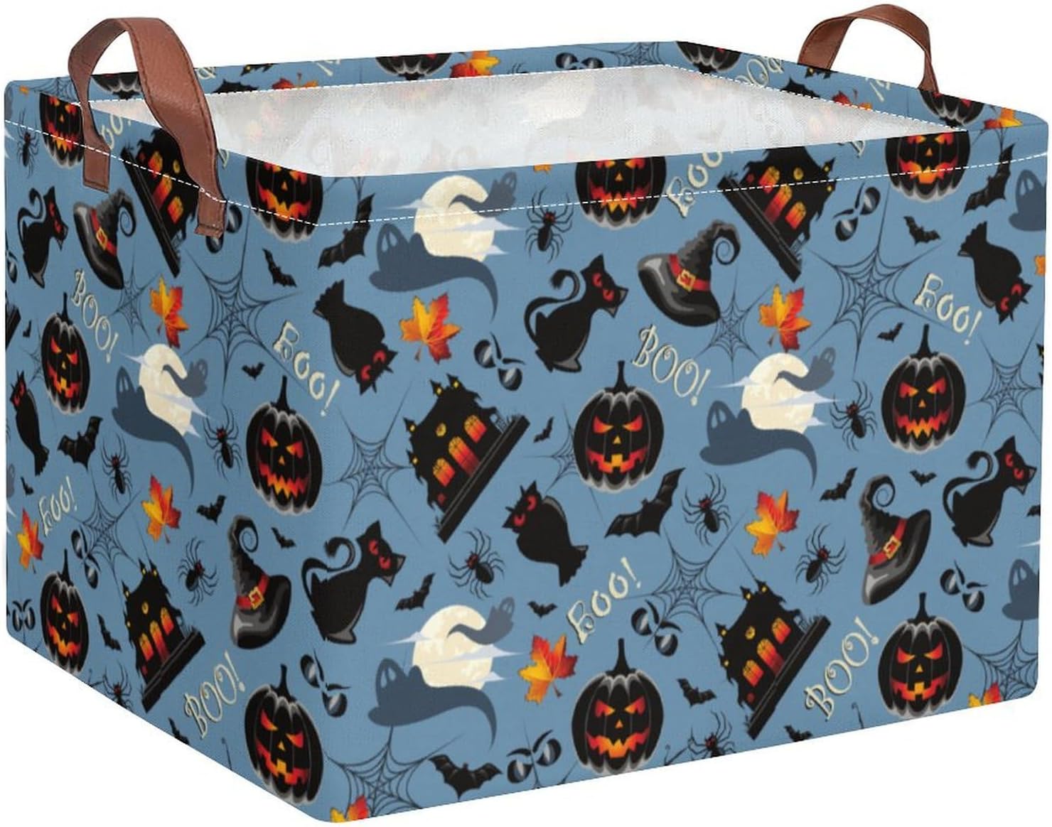 Halloween Black Pumpkin Storage Baskets,Collapsible Storage Bins,Collapsible Rectangular Canvas Fabric Storage Bin with Leather Handles for Home,Offices,Bedroom color-13