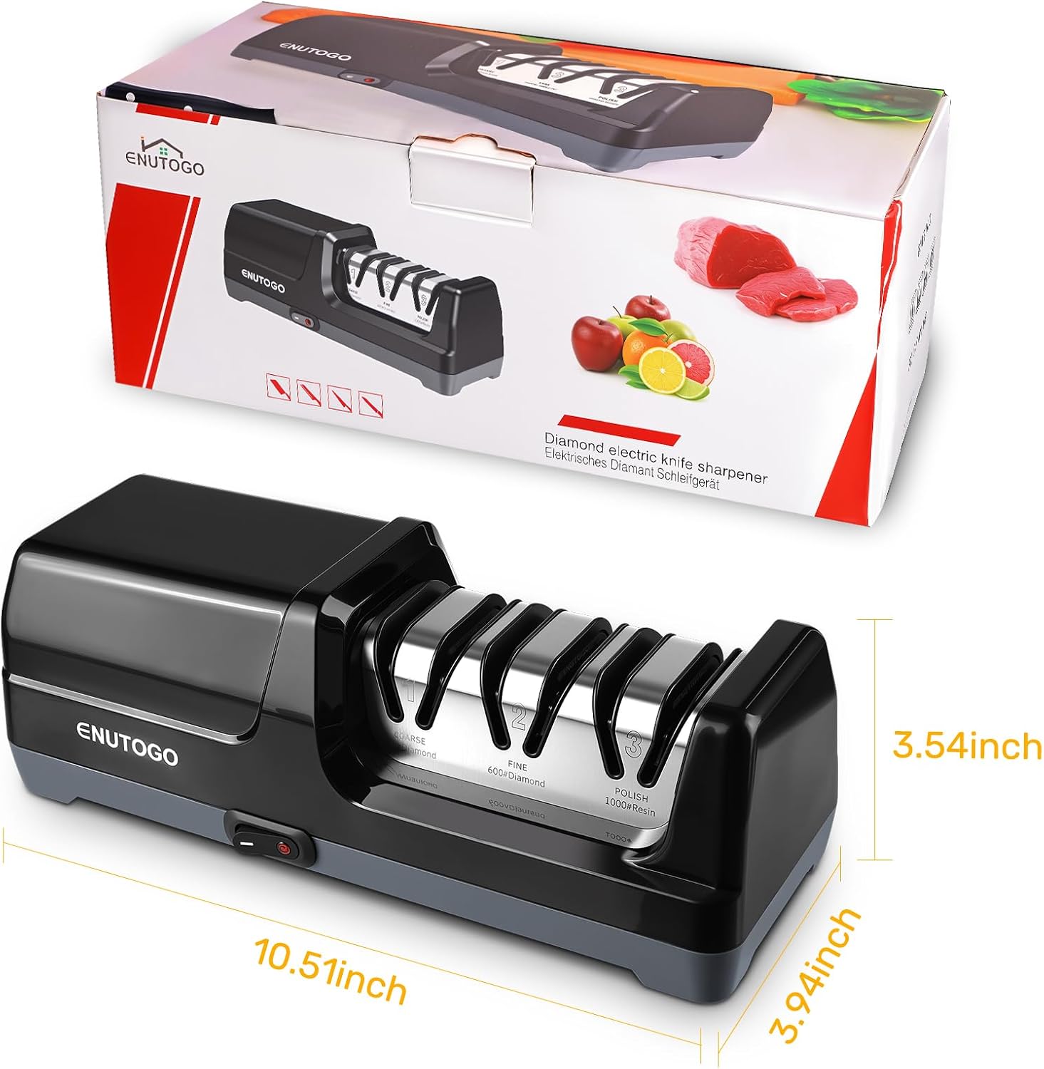 Enutogo Knife Sharpener, 3-Stage Electric Knife Sharpener for Kitchen Knives, 100% Diamond Abrasive with Quick Sharpening & Polishing, Professional Sharpening Tool with Metal Dust Collection Box
