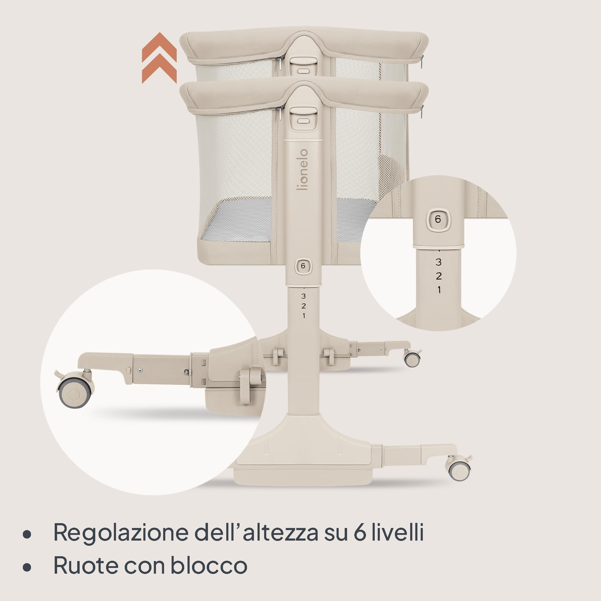 lionelo PARI Culla Co Sleeping Fianco Letto 3 in 1, Regolabile in Altezza 6 Livelli, Materasso T25 2 cm, Ruote con Blocco e Dondolo, Gambe Regolabili per Letto Continentale, Rivestimento Lavabile