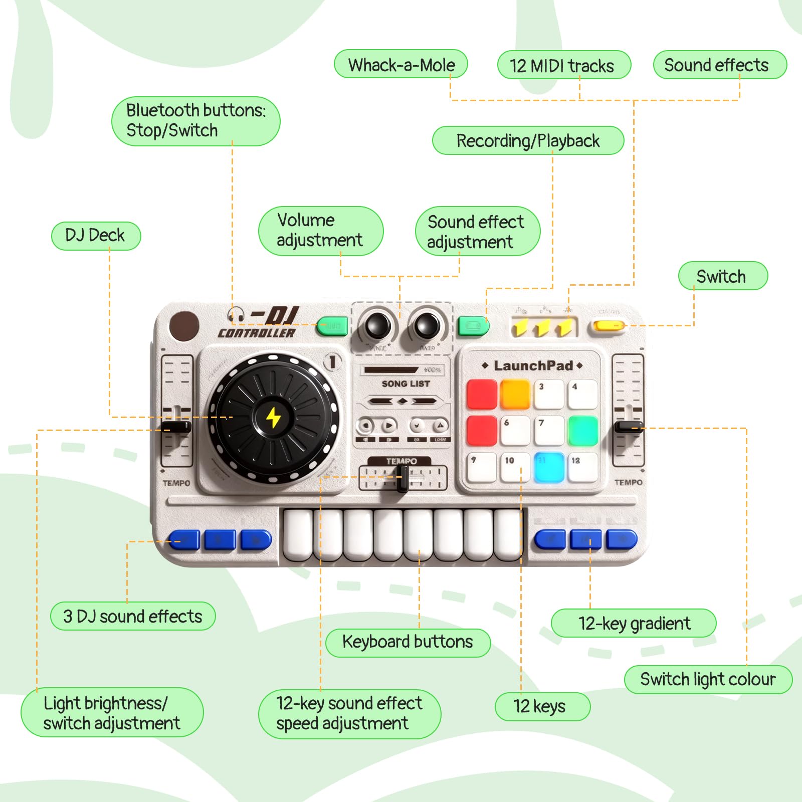 Table de Mixage DJ Enfants, DJ Mixer Controller pour enfant Platines avec Microphone, Effets de Lumière, Mode de Jeu, Mixeur DJ, Jouet Musical Interactif peut être Bluetooth pour Garçons et Filles