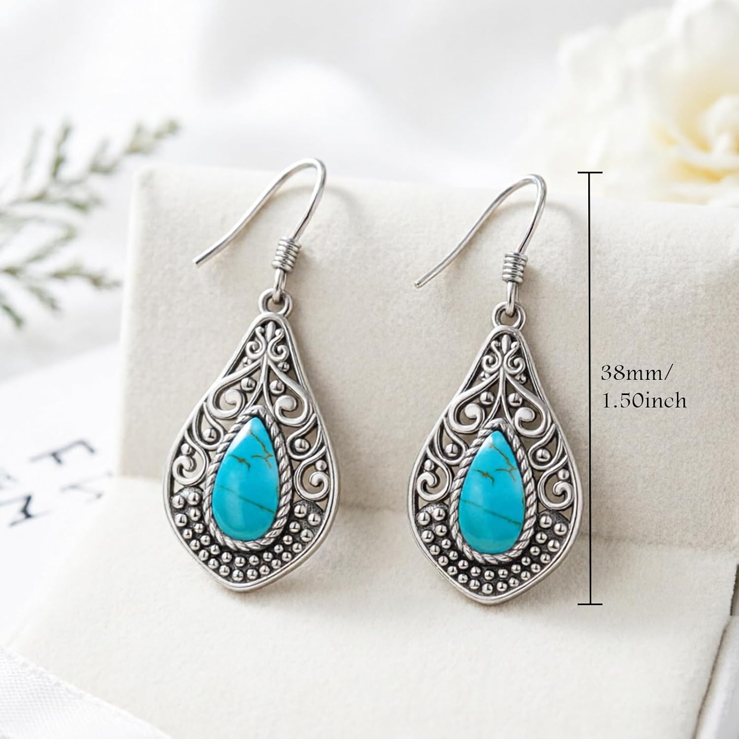 Genuine Turquoise Dangle Earrings for Women, Sterling Silver Teardrop Filigree Earrings, Boho Vintage Jewelry Gift for Daily/Festival/Party Outfits