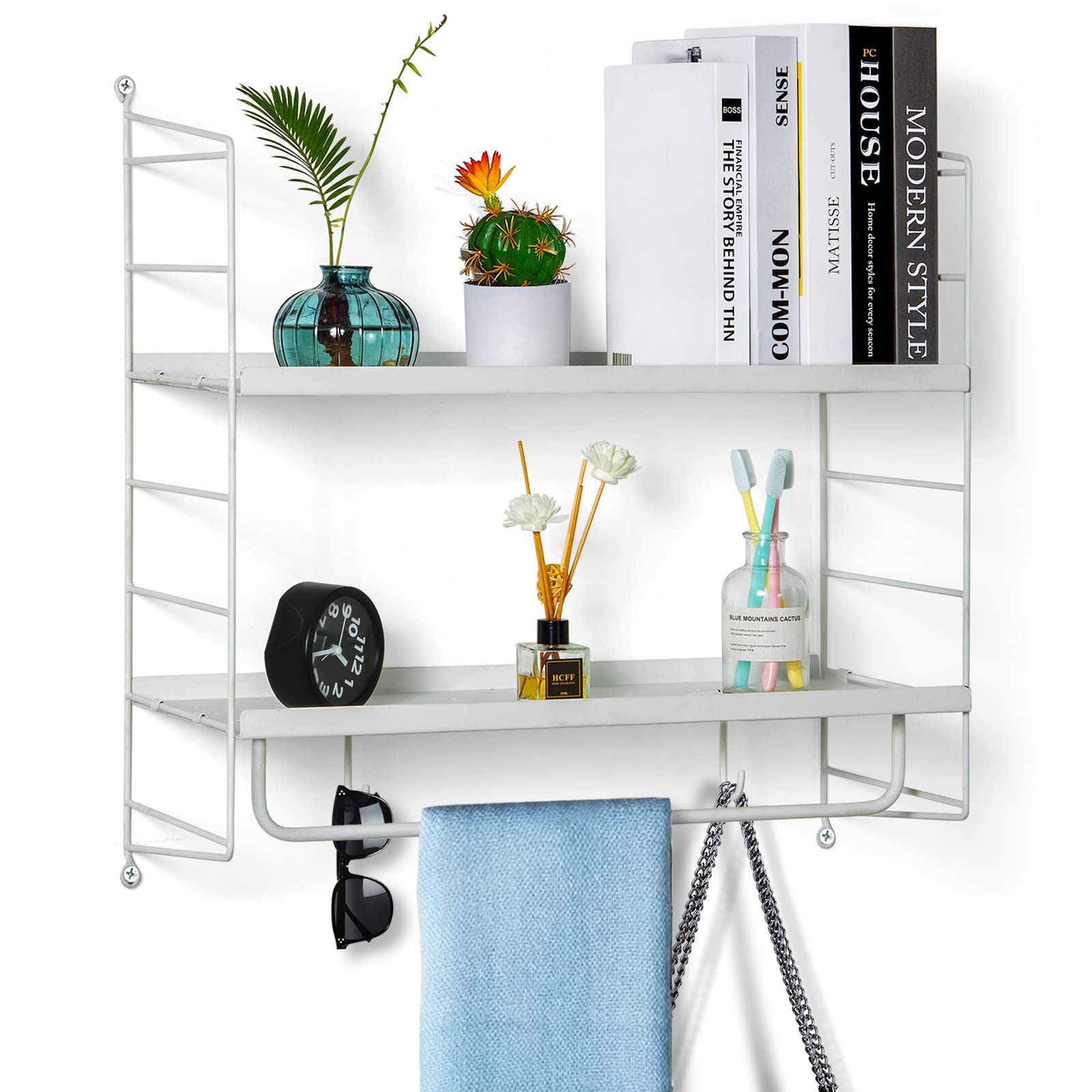 Photo 1 of 2 Tiers Multi-functional Wall Racks Floating Shelves , Wall Mounted Storage Shelves with Black Metal Frame and Towel Rack And Two Hooks for Bathroom, Bedroom, Living Room, Kitchen, Office (White)