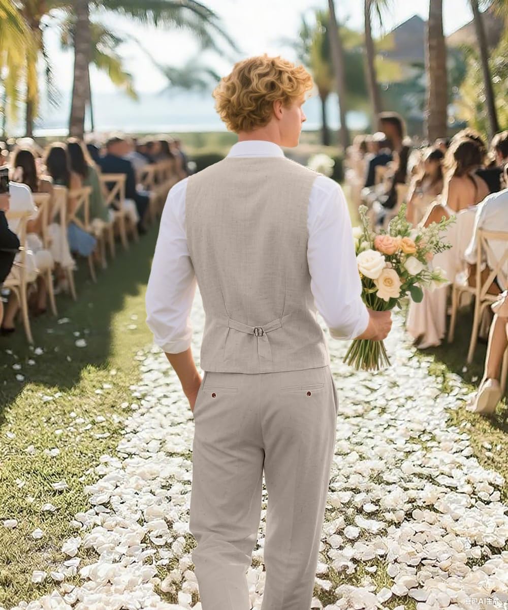 WOMS Mens Linen Suit 2 Piece Casual Summer Suits for Men Groomsmen Beach Wedding Party Vest Pants Suit - Image 4