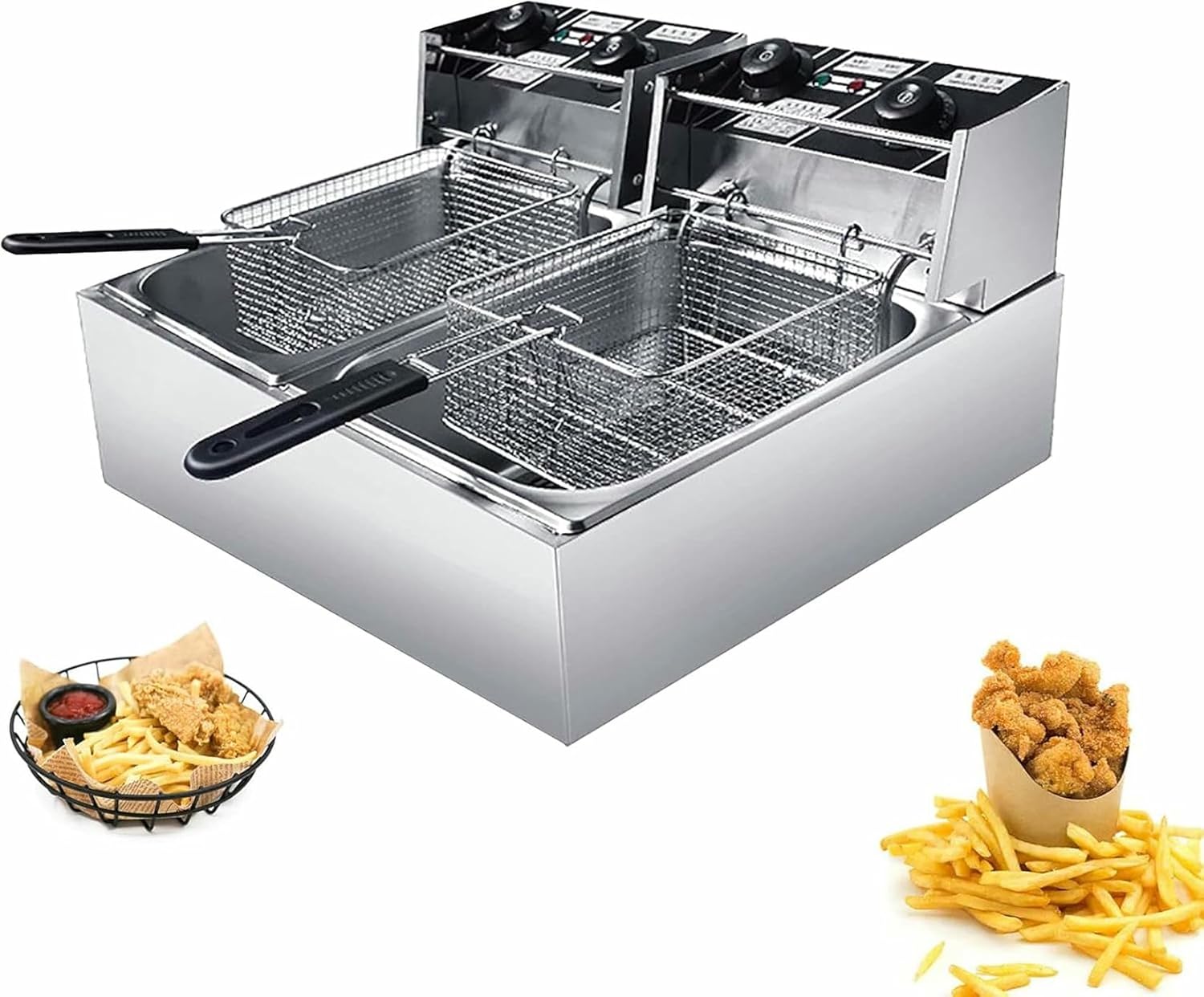 Professional Electric, Large Capacity Stainless Steel Commercial Frying Machine, with Basket &Lid, Temperature Control Function, for Commercial and Home