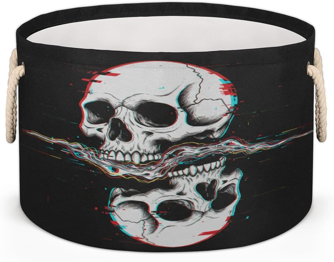 Large Storage Baskets - Skull Cyberpunk Nursery Round Collapsible Organizer Bin Box, Laundry Hamper for Kids Toys, Blanket, Bedroom Living Room Home Decor, Gift Basket, 19.4"x13.3"