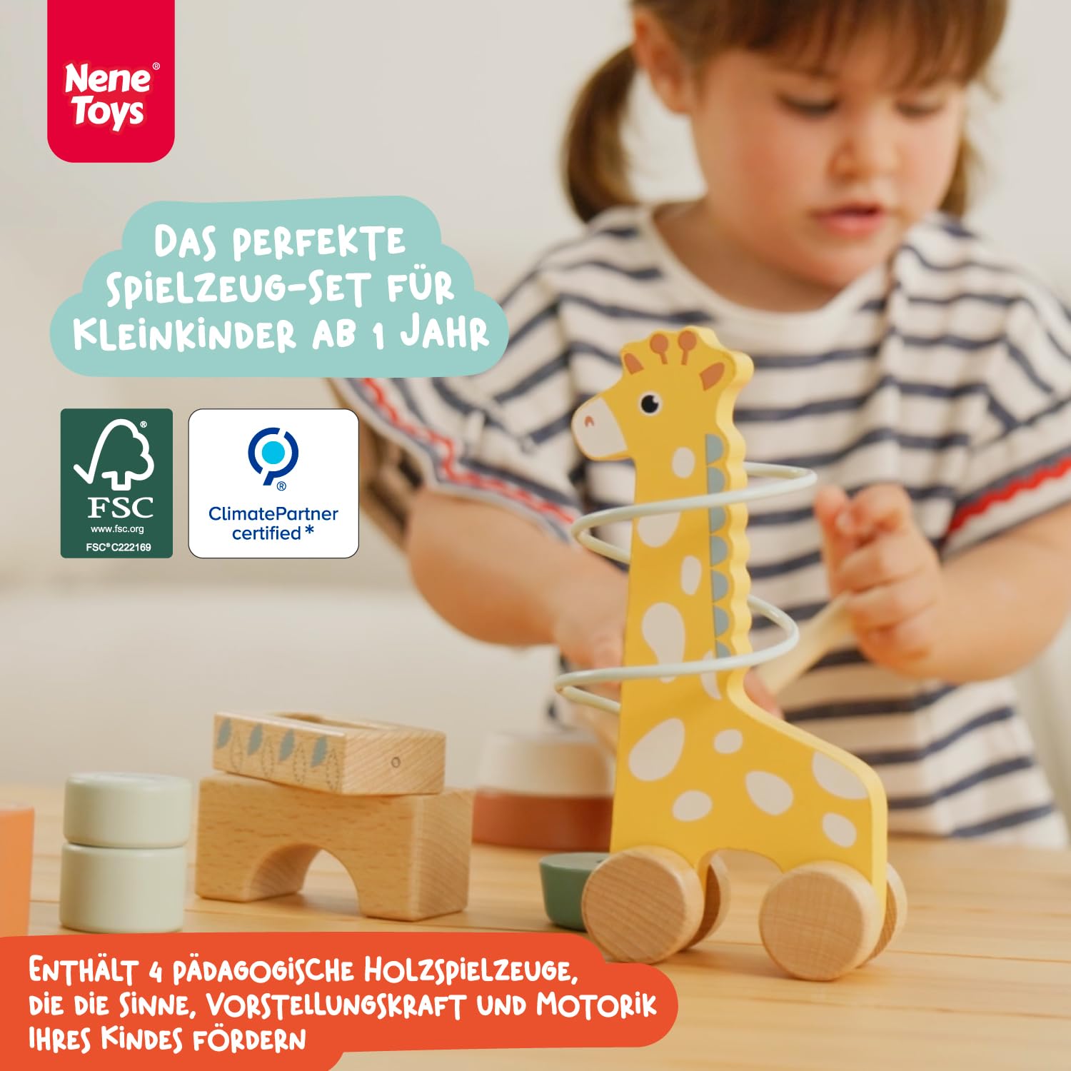 Nene Toys Spielzeug ab 1 Jahr – Montessori Baby Holzspielzeug 4-in-1 Set mit Klangbausteinen, Regenmacher, Stapelturm & Giraffe-Labyrinth – Holzbausteine Motorikspielzeug – Geschenk Junge Mädchen