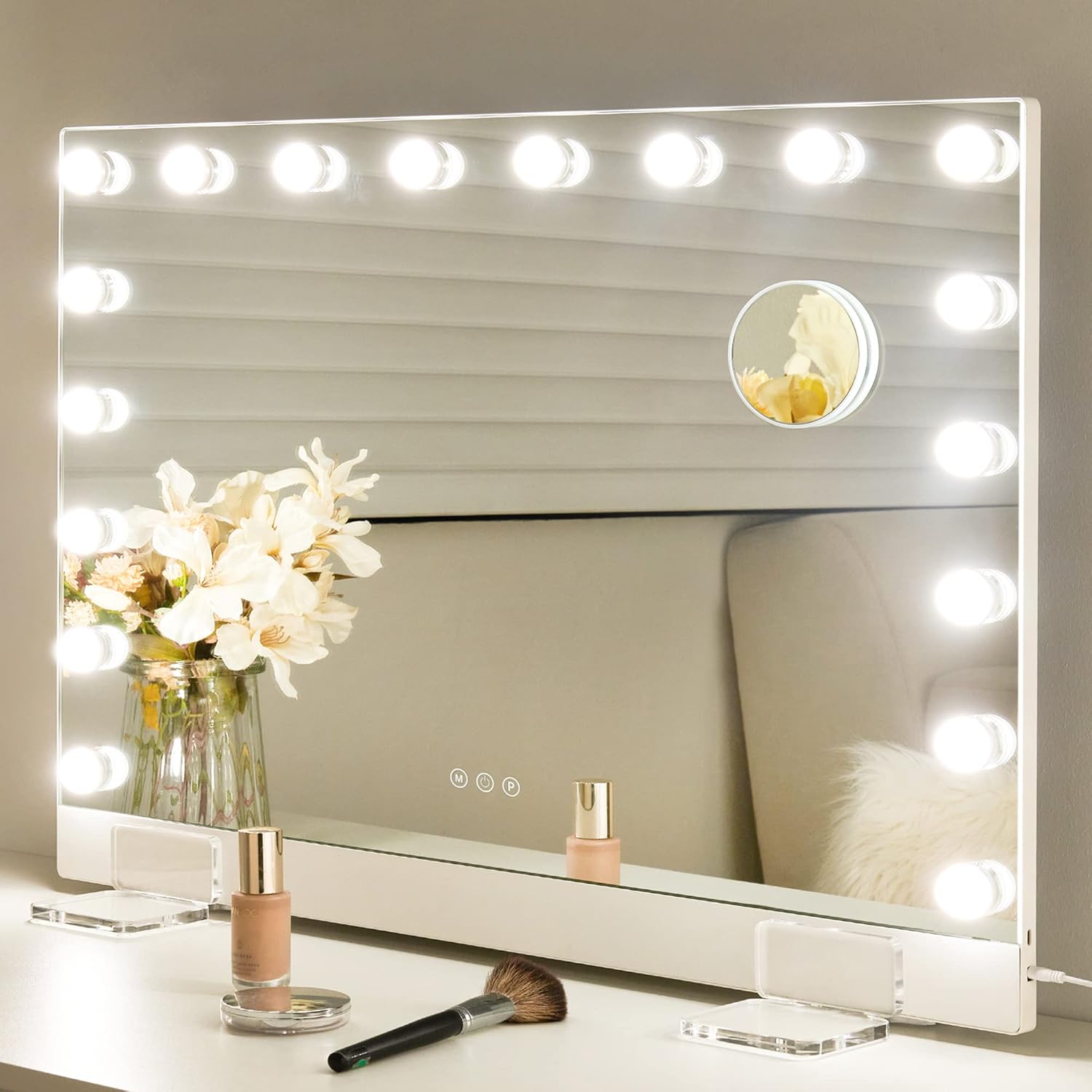 NicBex Makeup Vanity Mirror with Lights, Hollywood Makeup Mirror with Dimmable 18 LED Lights, Smart Touch with 3 Colors Adjustment and Charging Station, Matte White-31 x23-ultra Thin
