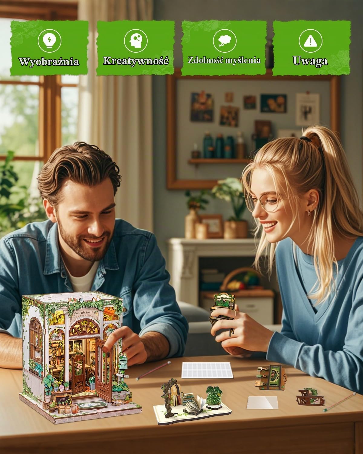 Cutefun Book Nook, regał na książki "zrób to sam", miniaturowy zestaw dioramy dla dorosłych, rośliny Booknook, drewniane puzzle 3D, prezenty dla kobiet i miłośników książek (Green Life Bookshop)