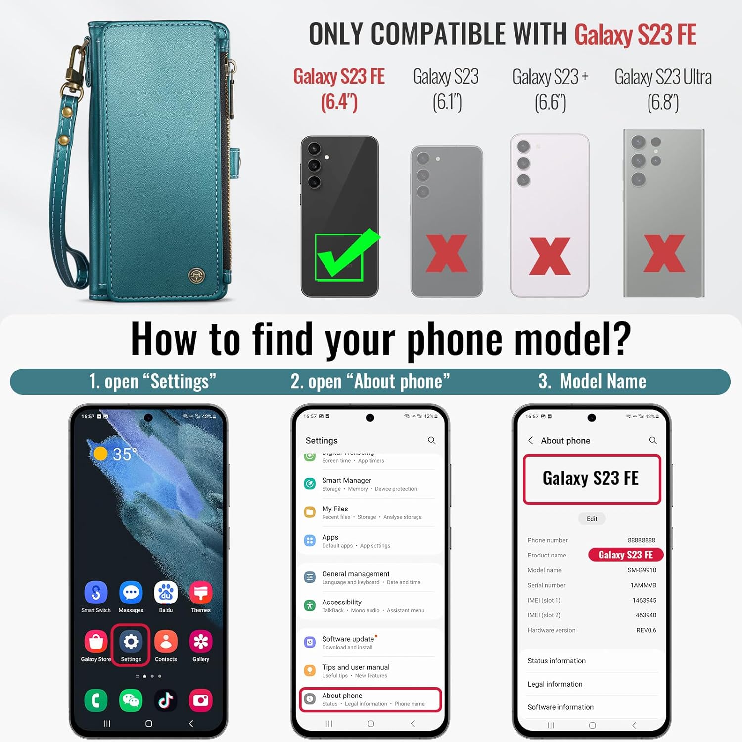 Defencase Compatible with Samsung Galaxy S23 FE 5G Case Wallet with RFID Blocking Card Holder for Women Men, PU Leather Magnetic Snap Flip Zipper Strap Wallet Phone Case Fit for Galaxy S23 FE, Green