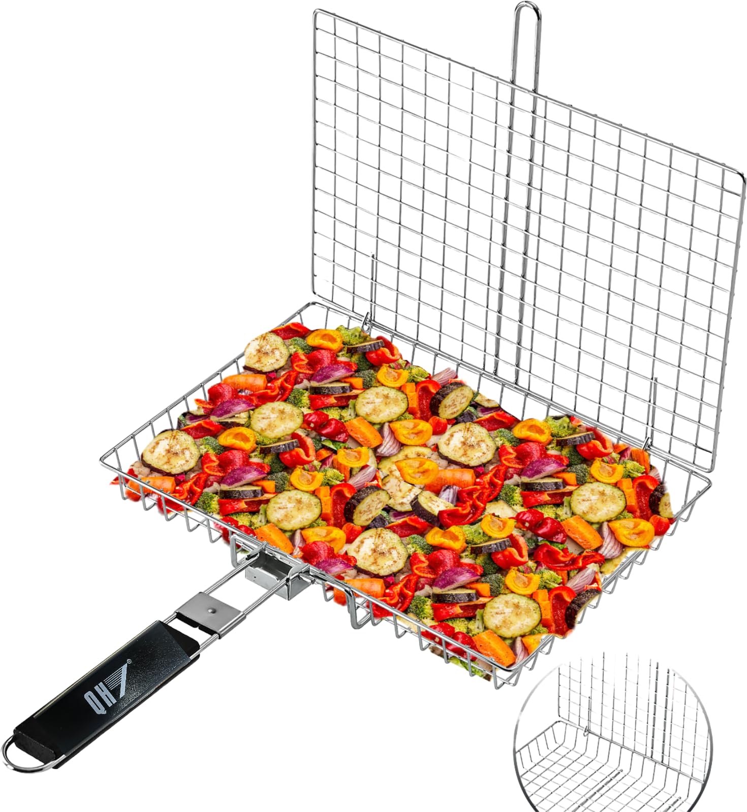 Cestino da cucina in acciaio inox per barbecue, pieghevole, portatile, con manico rimovibile, rete antiaderente per pesce, verdure, gamberetti